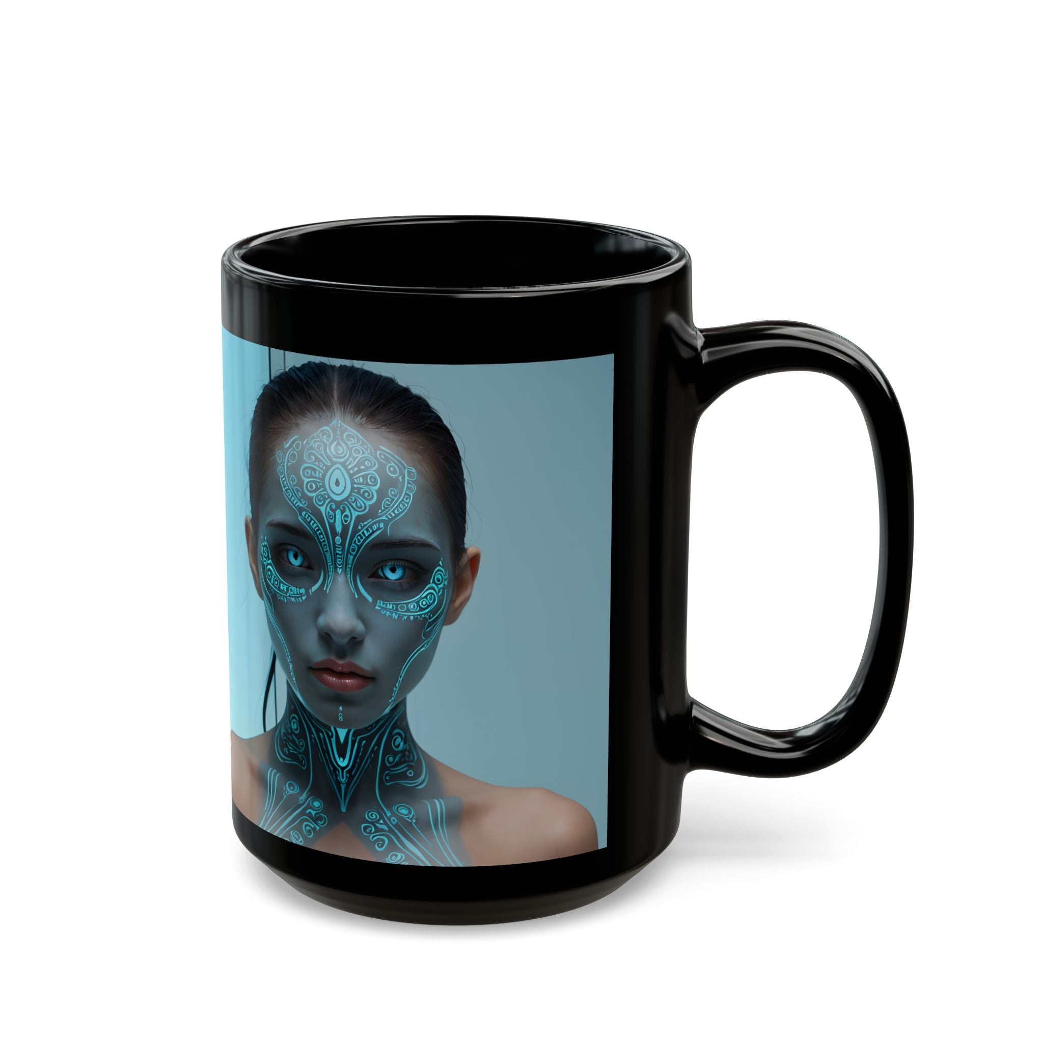 Mug noir Visage de Cyborg Mystique — Tasse à café Portrait néon futuriste (325 ml/443 ml)