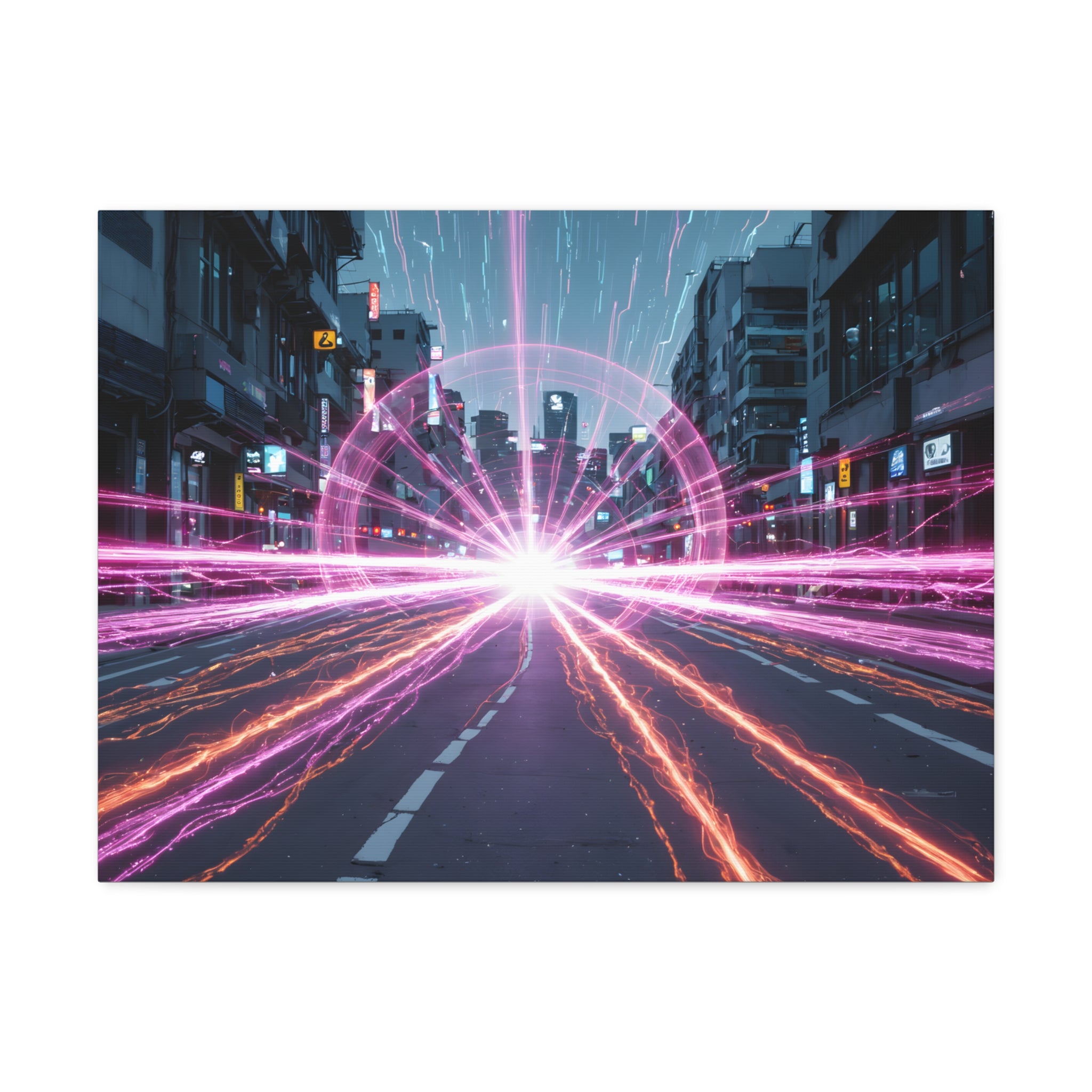 Toile tendue Neon Speedscape — Art mural futuriste Éclat lumineux de ville