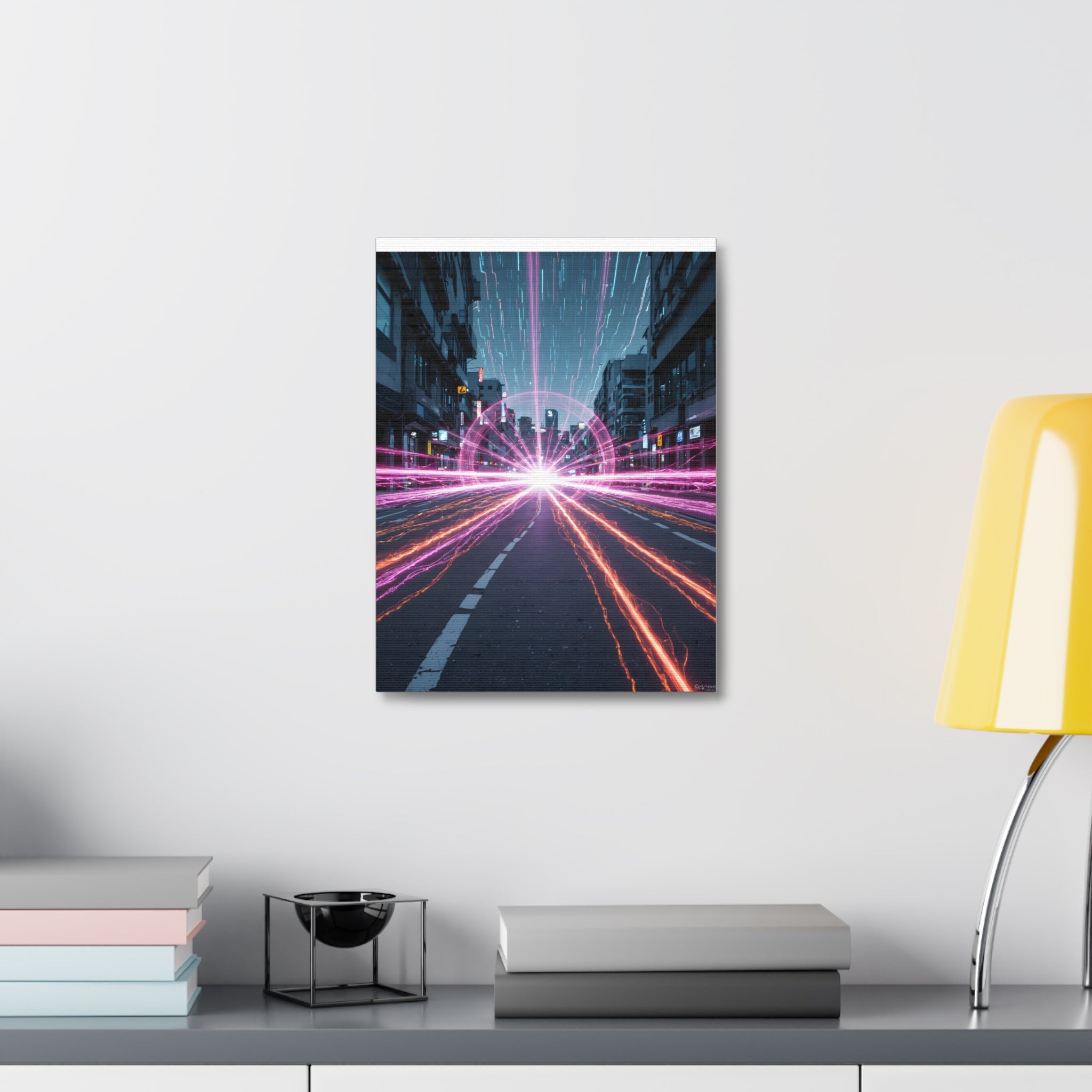 Neon Speedscape Stretched Canvas — Futuristic City Lightburst Wall Art