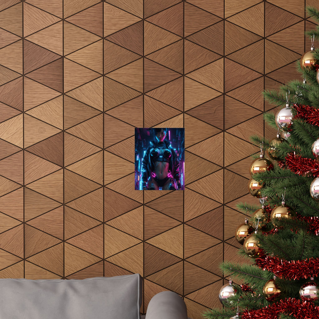 Cyberpunk Neon Female Warrior Matte Poster — Futuristic Sci‑Fi Wall Art