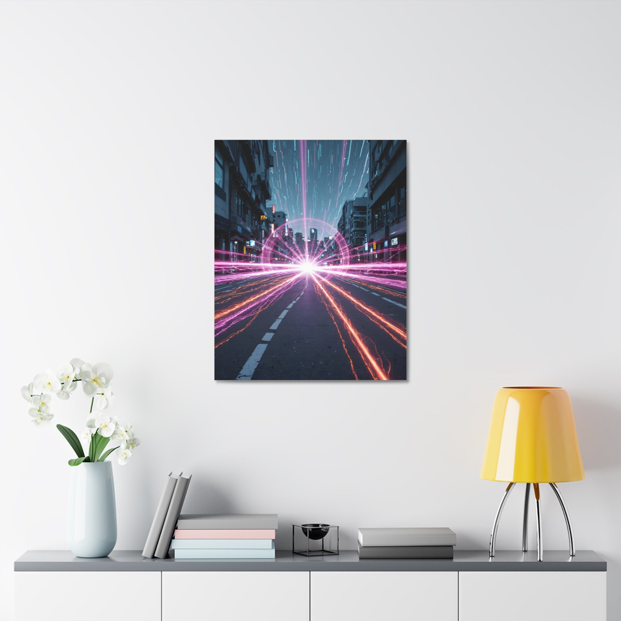 Neon Speedscape Stretched Canvas — Futuristic City Lightburst Wall Art