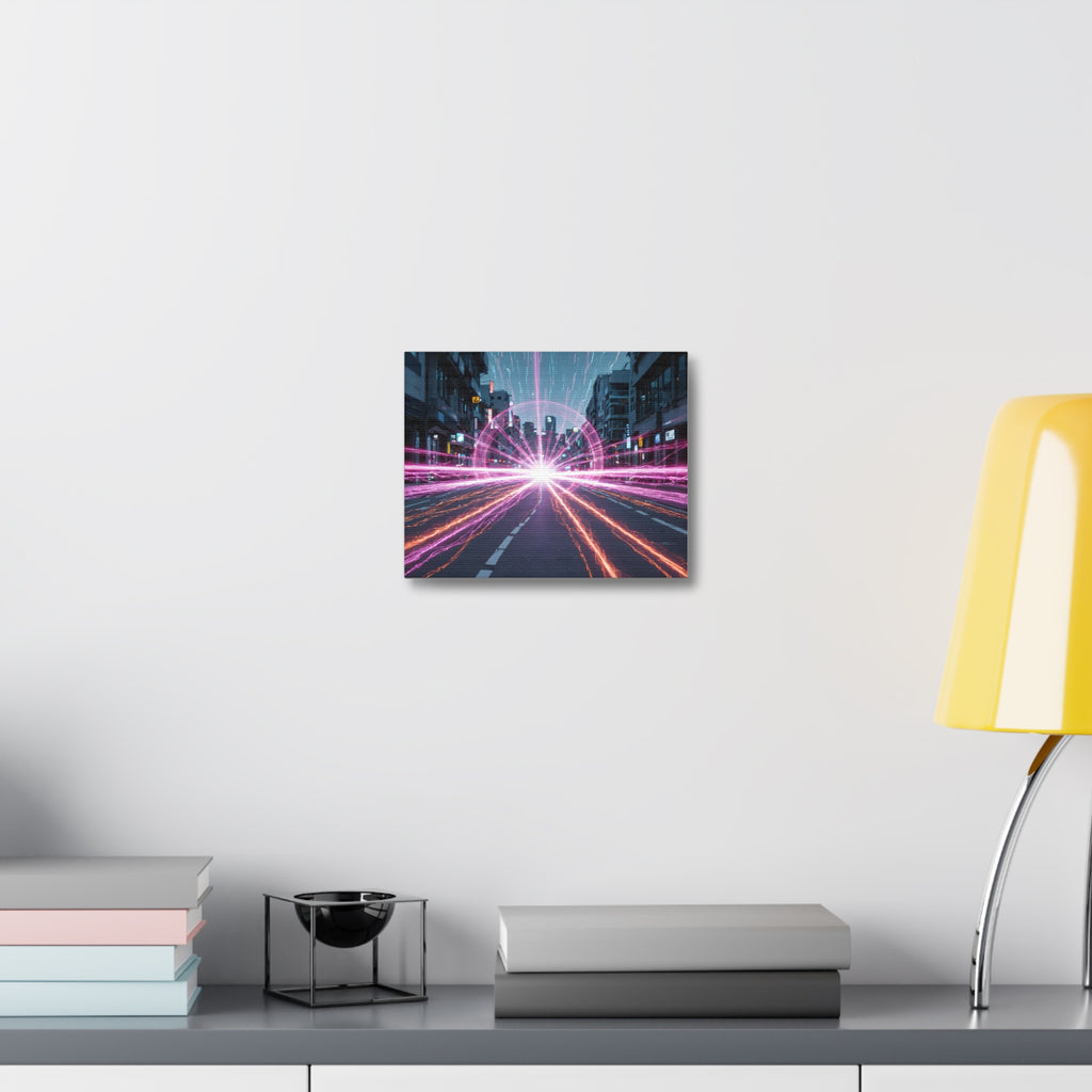 Neon Speedscape Stretched Canvas — Futuristic City Lightburst Wall Art