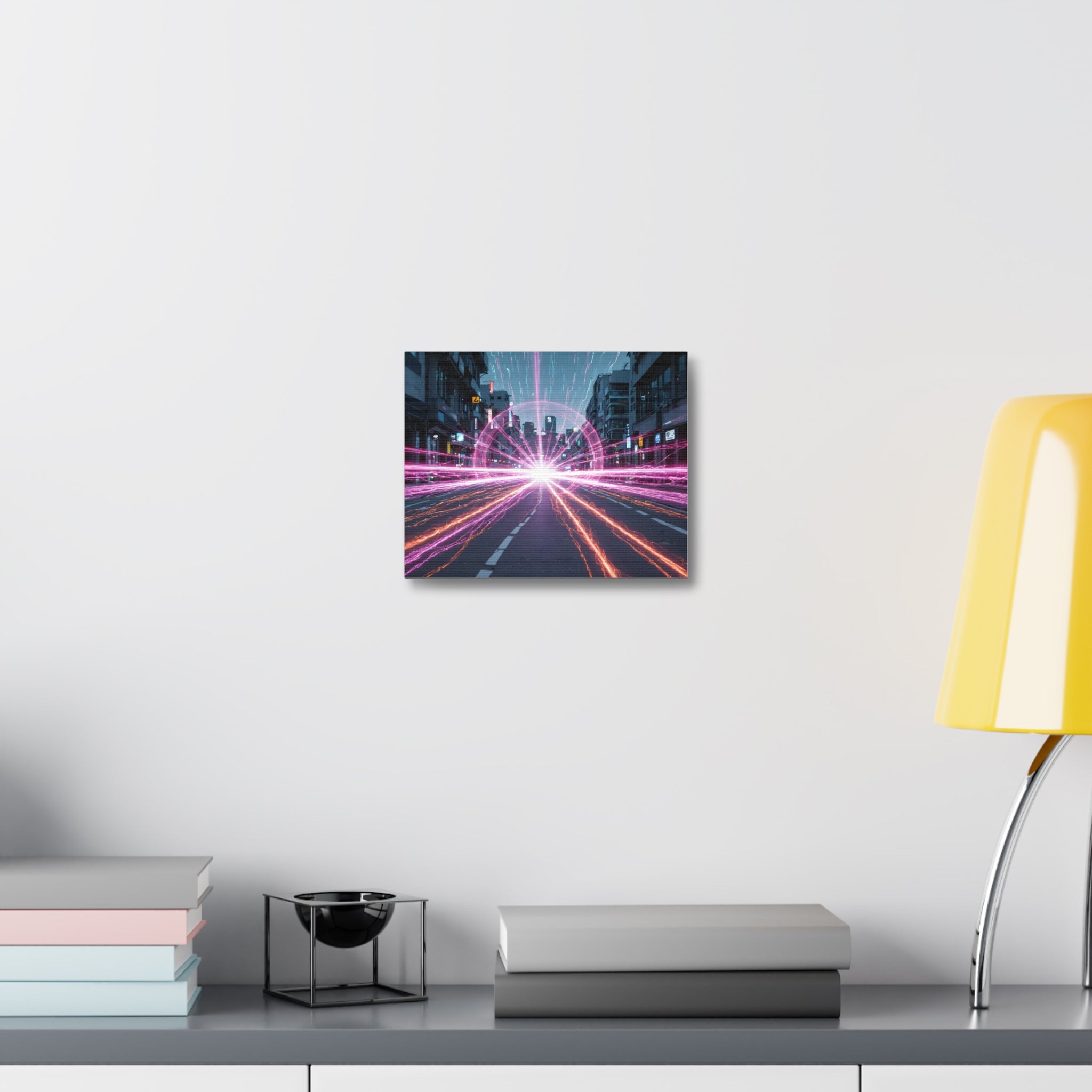 Neon Speedscape Stretched Canvas — Futuristic City Lightburst Wall Art