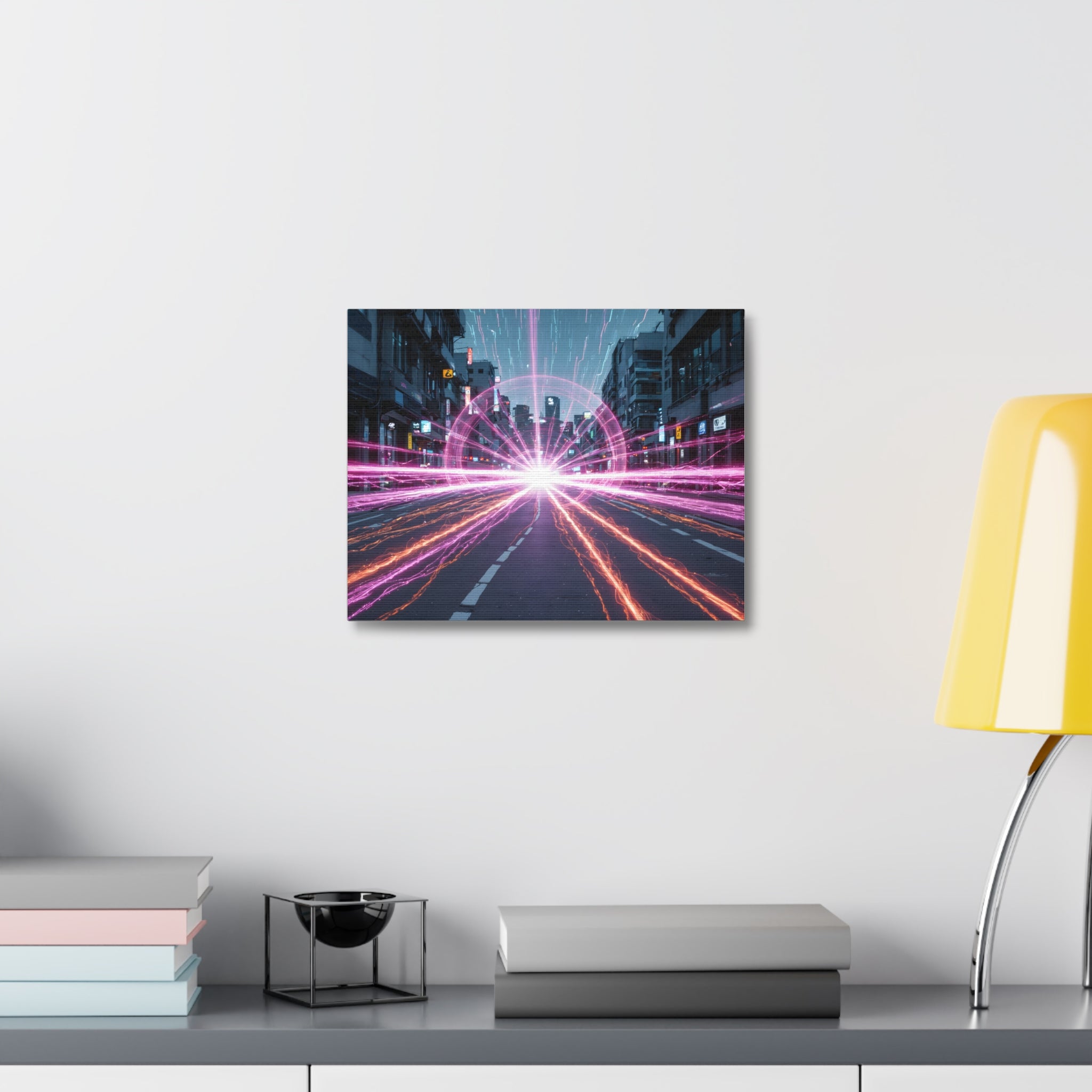 Neon Speedscape Stretched Canvas — Futuristic City Lightburst Wall Art