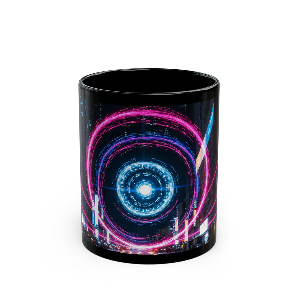Neon City Vortex Mug — Cyberwave Black Ceramic Coffee Cup (11oz/15oz)