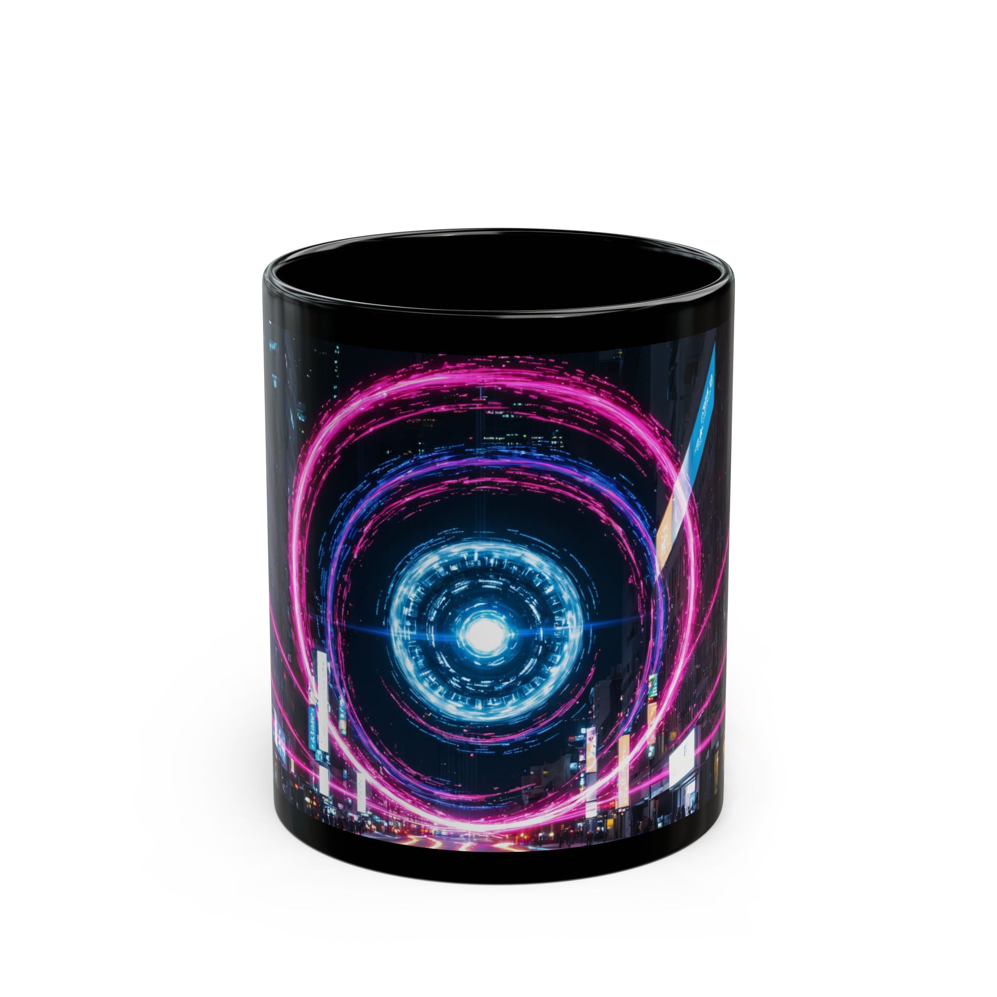 Neon City Vortex Mug — Cyberwave Black Ceramic Coffee Cup (11oz/15oz)