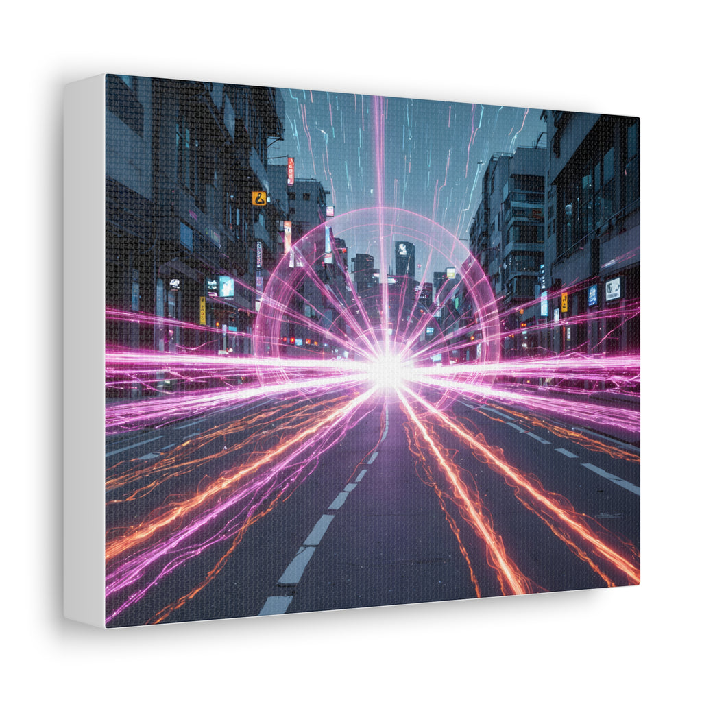 Neon Speedscape Stretched Canvas — Futuristic City Lightburst Wall Art
