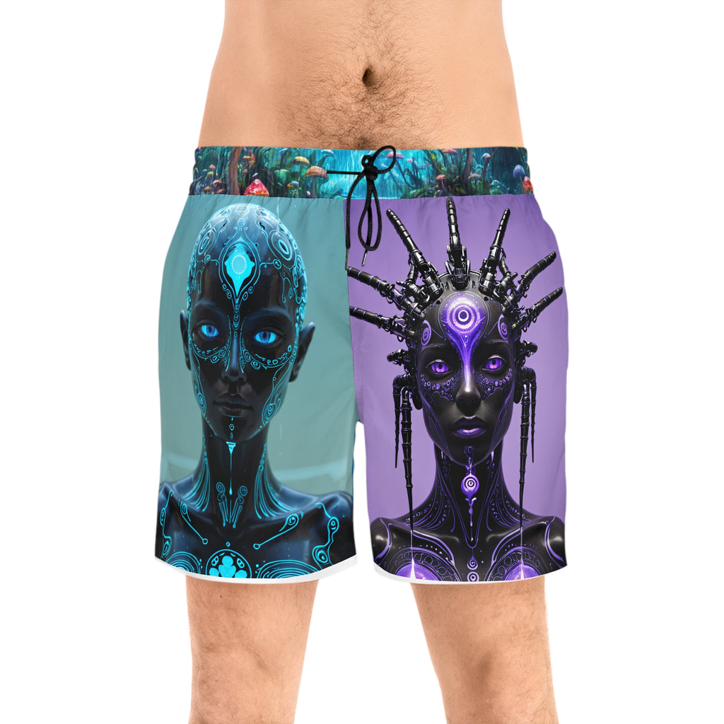 Shorts de bain Cyber Tribal — Maillot de bain pour homme avec motif futuriste néon et visage abstrait