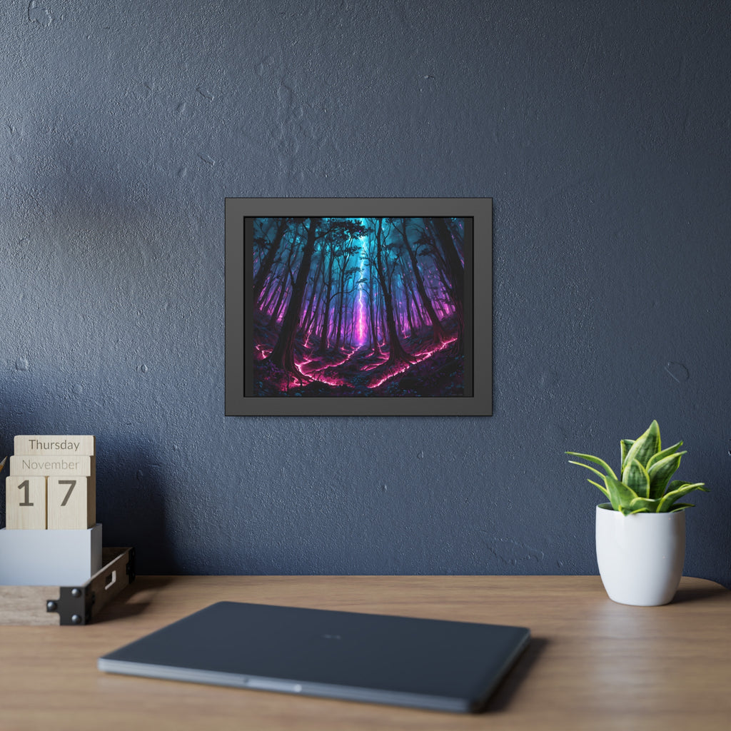 Neon Forest Framed Art Print — Mystical Purple & Teal Fantasy Poster