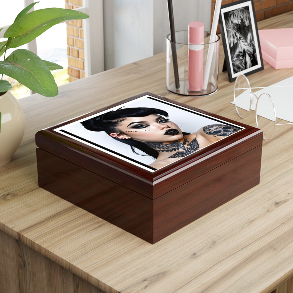 Gothic Tattoo pinup style Portrait Jewelry Box — Black Lacquer Trinket Case with Dark Glam Illustration