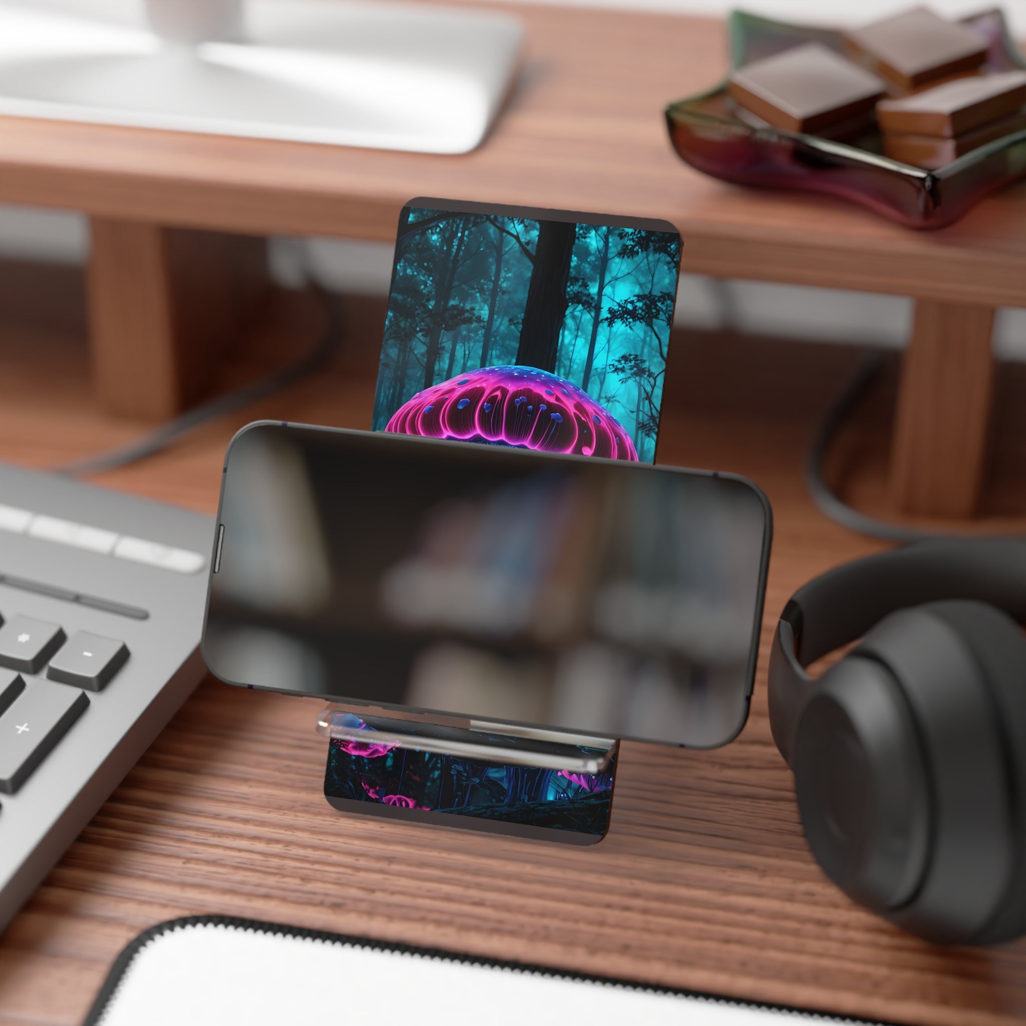 Phone Stand — Neon Glowing Mushroom Forest Mobile Display Stand