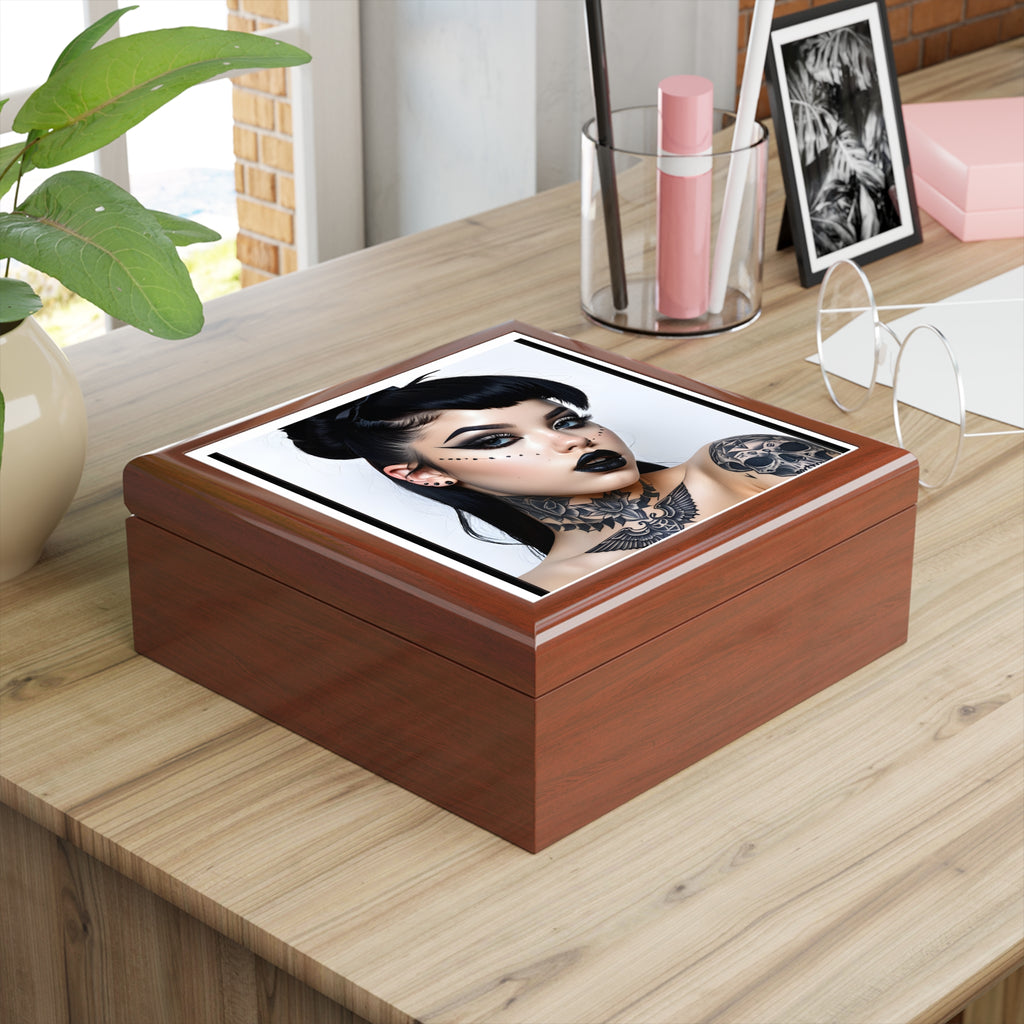 Gothic Tattoo pinup style Portrait Jewelry Box — Black Lacquer Trinket Case with Dark Glam Illustration
