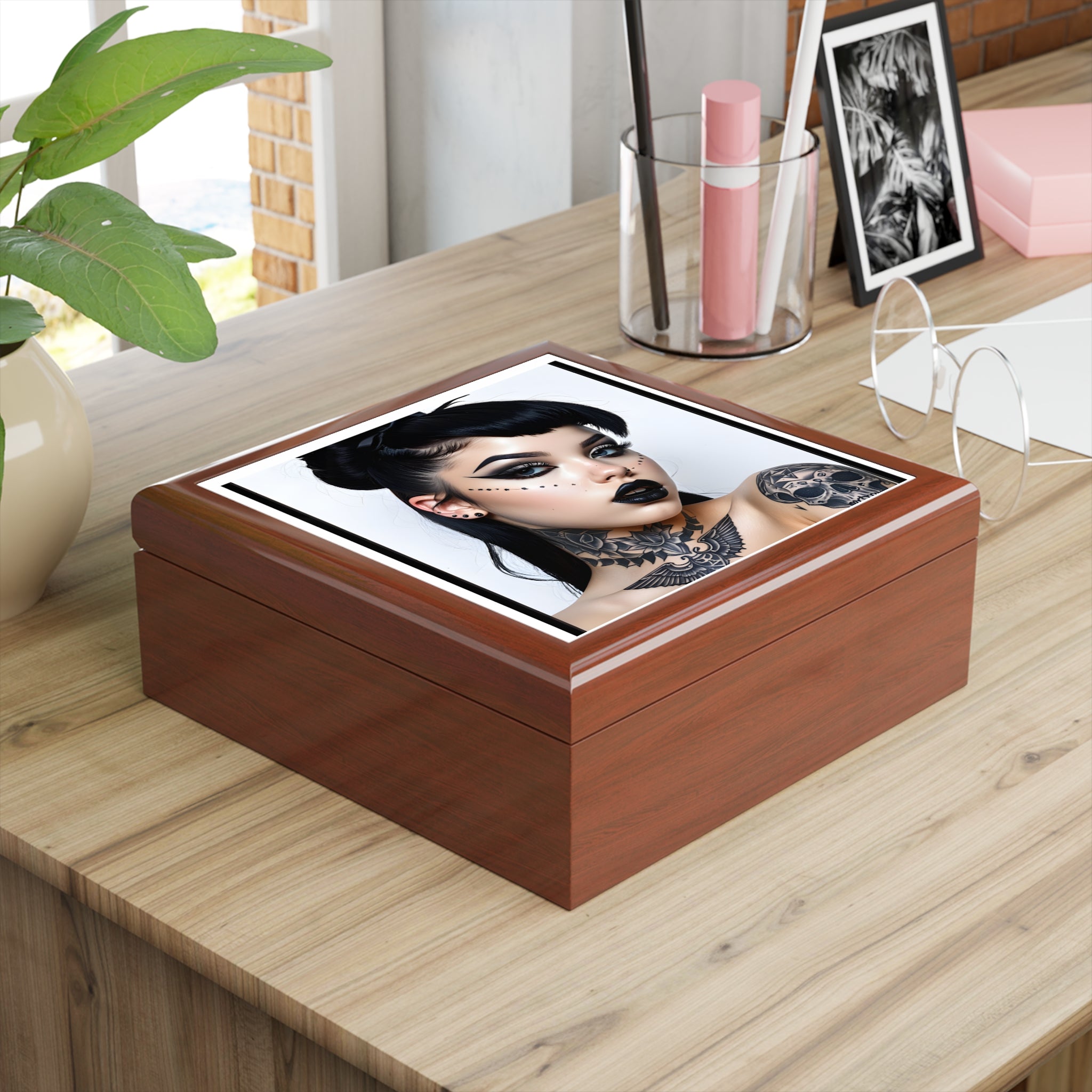 Gothic Tattoo pinup style Portrait Jewelry Box — Black Lacquer Trinket Case with Dark Glam Illustration