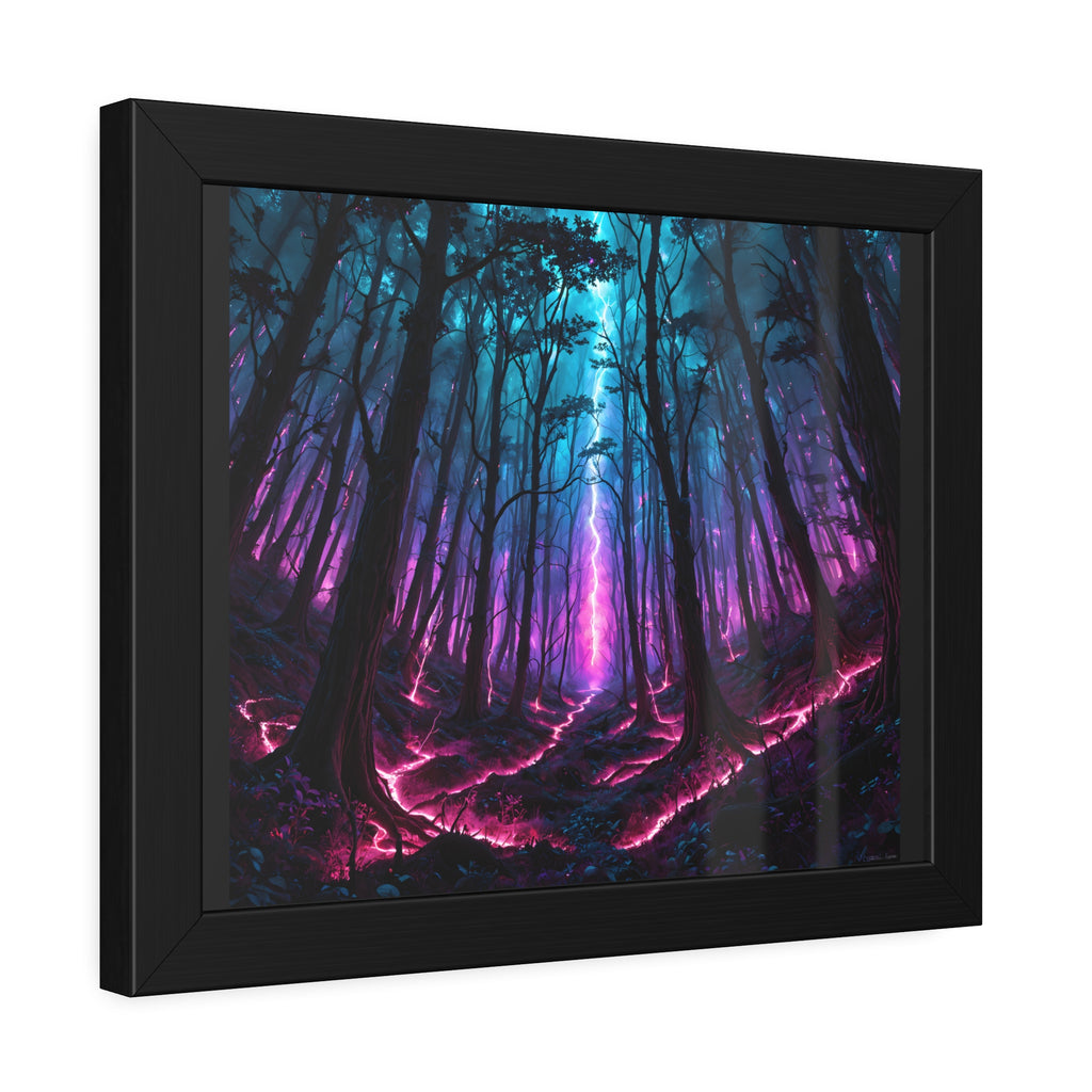 Neon Forest Framed Art Print — Mystical Purple & Teal Fantasy Poster