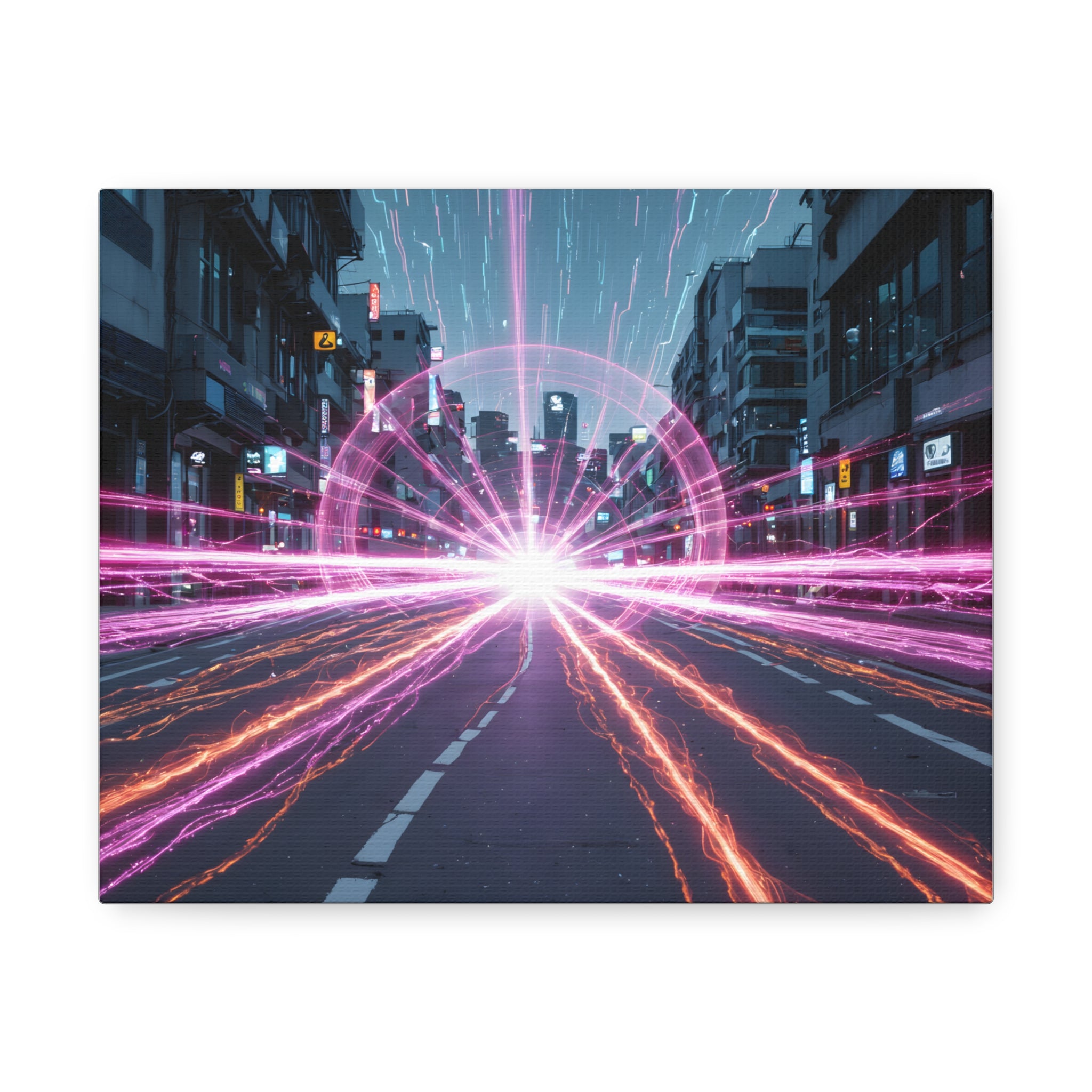 Neon Speedscape Stretched Canvas — Futuristic City Lightburst Wall Art