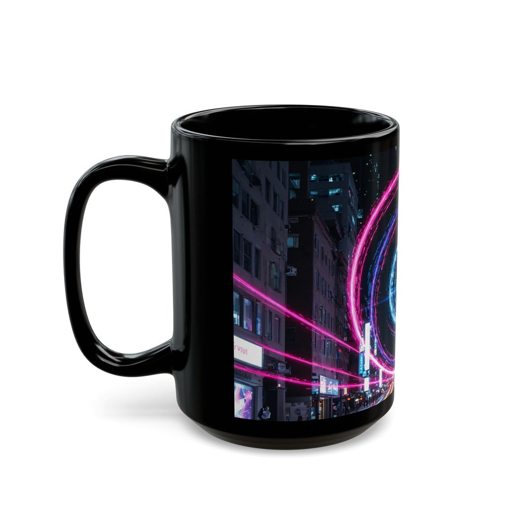 Neon City Vortex Mug — Cyberwave Black Ceramic Coffee Cup (11oz/15oz)