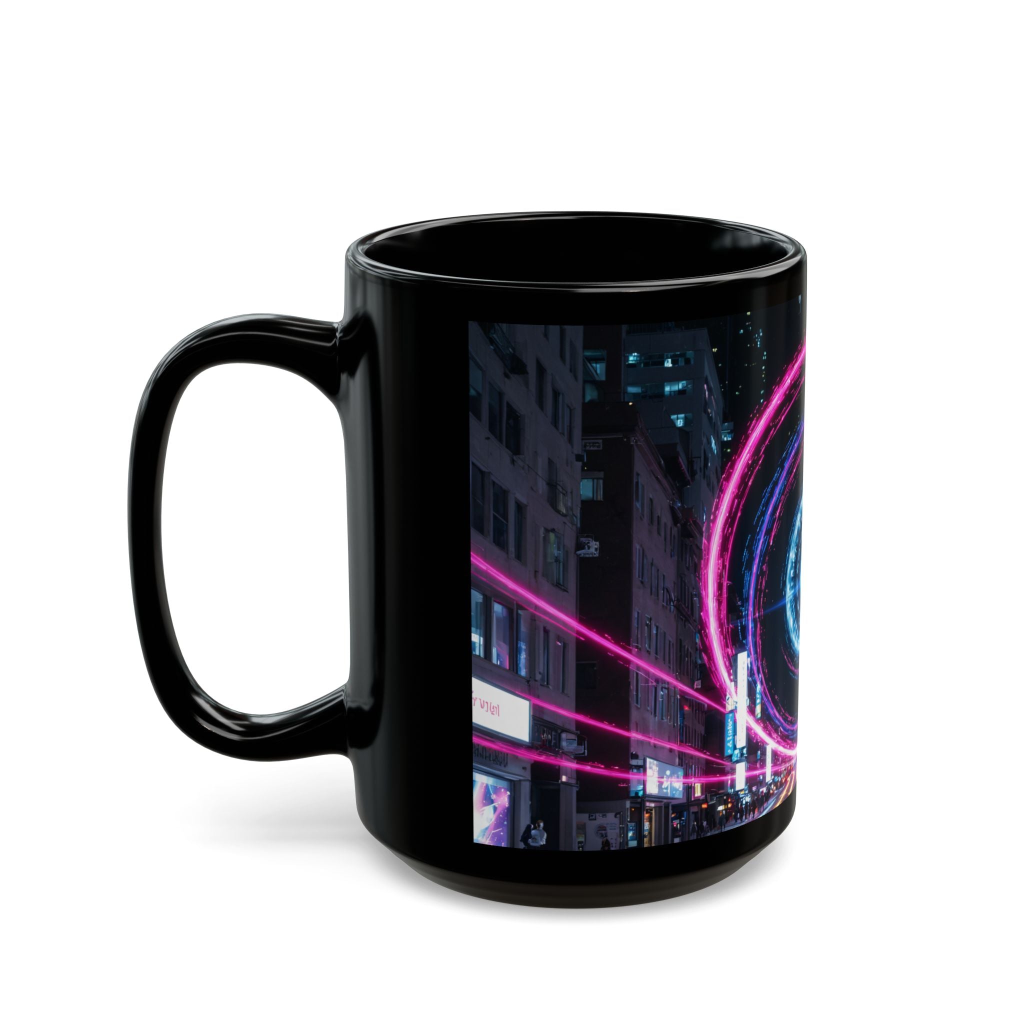 Neon City Vortex Mug — Cyberwave Black Ceramic Coffee Cup (11oz/15oz)