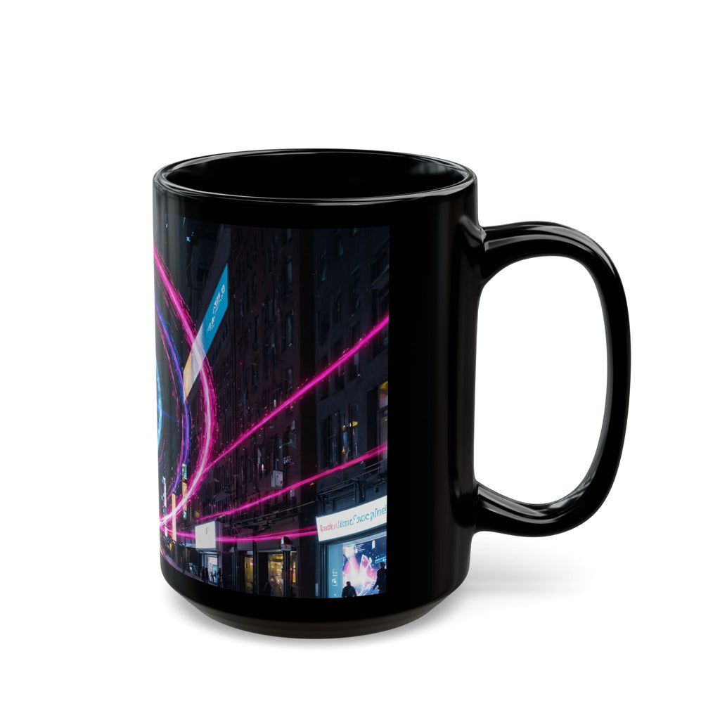 Neon City Vortex Mug — Cyberwave Black Ceramic Coffee Cup (11oz/15oz)