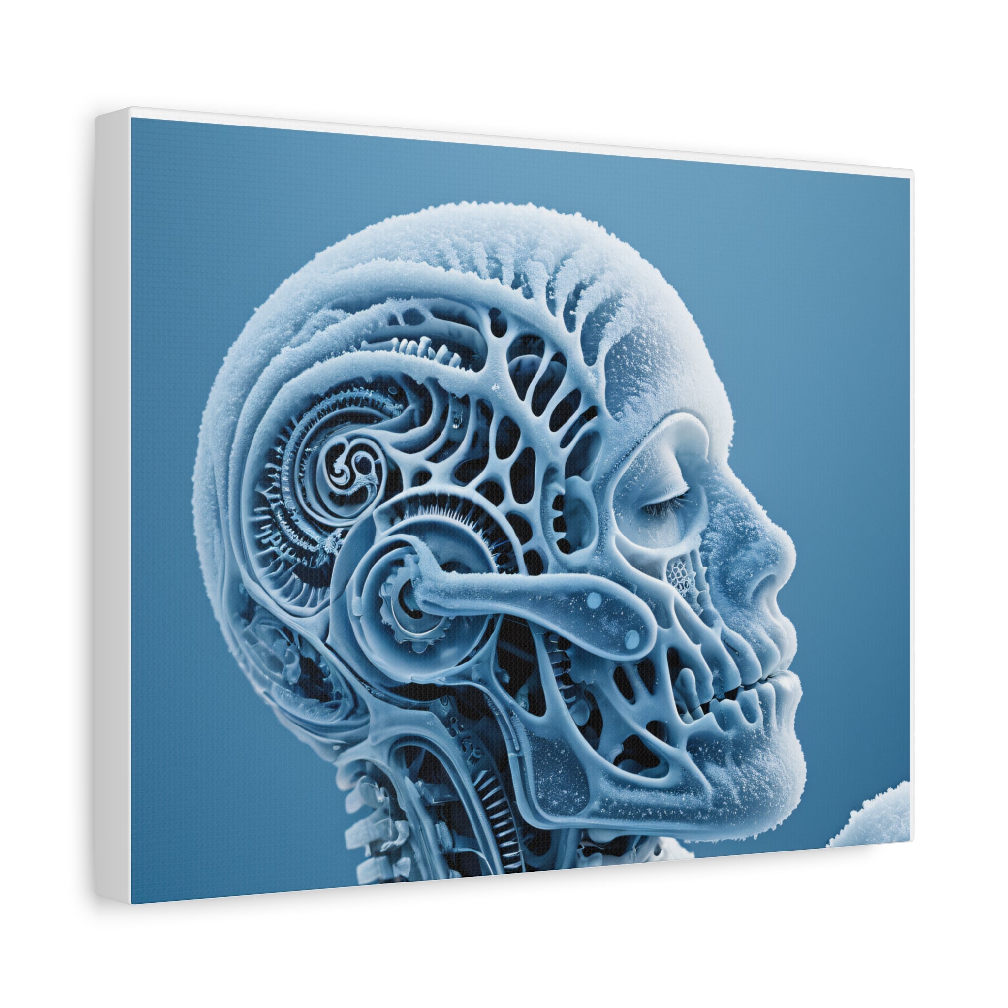 Frosted Mechanical Skull Canvas Art – Blue Anatomical Surreal Print