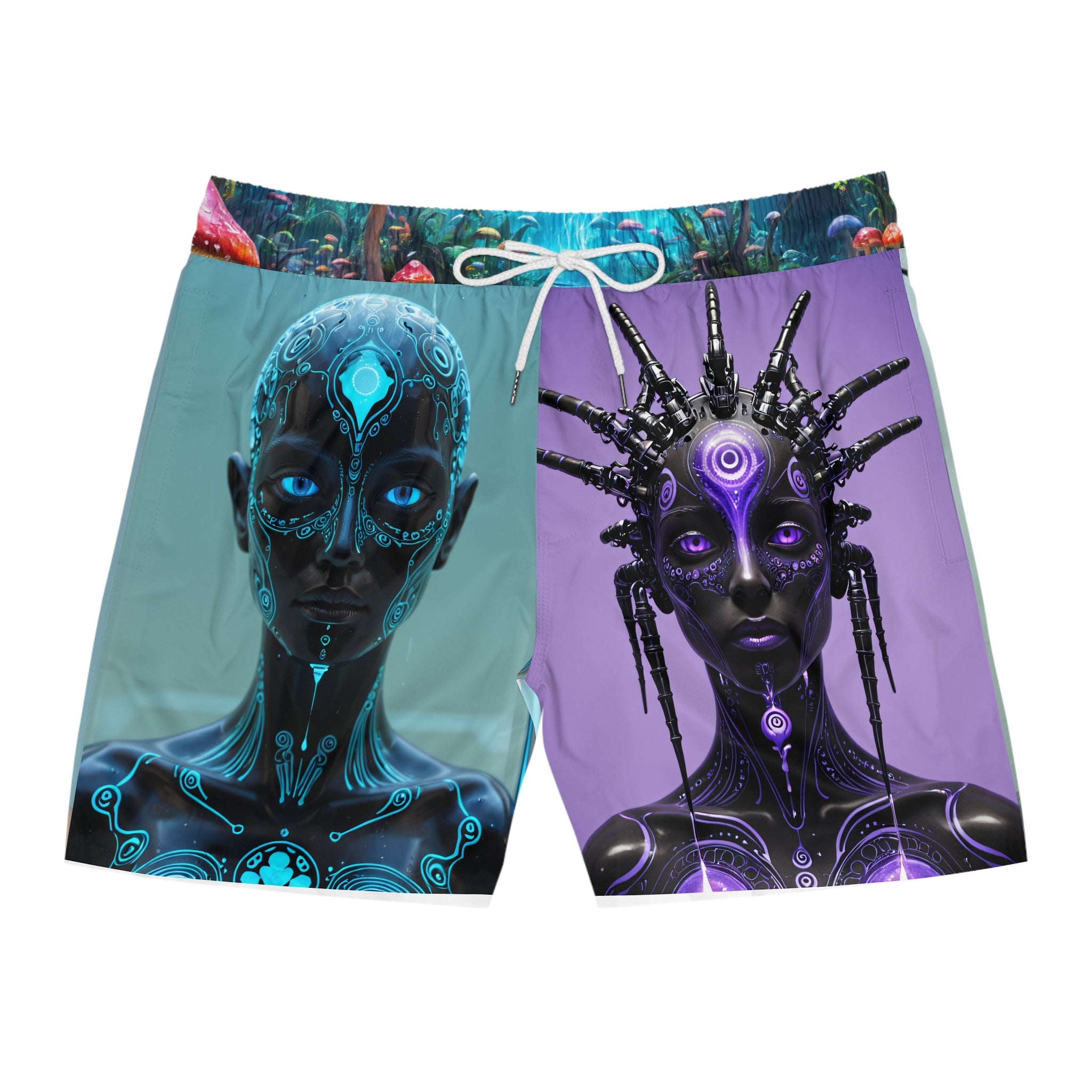 Cyber Tribal Swim Shorts — Futuristic Neon Face Art Men’s Swim Trunks