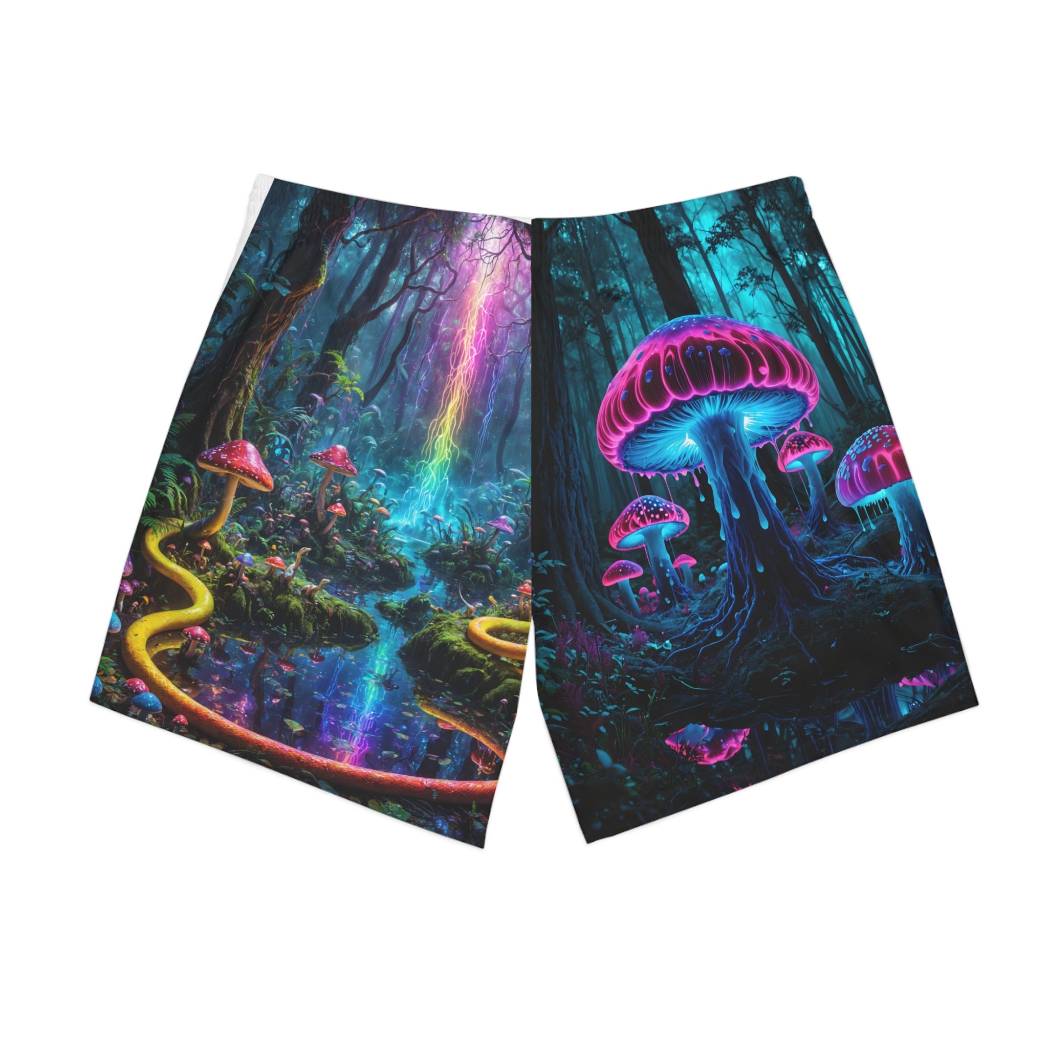 Psychedelic Forest Beach Shorts — Neon Mushroom Rainbow Print