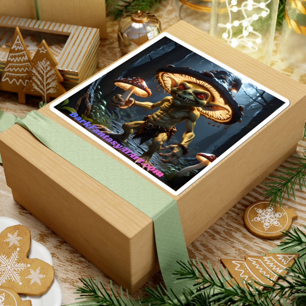 Goblin Mushroom Sticker — Dark Fantasy Kiss-Cut Decal ("DarkFantasyArt.com" Text)