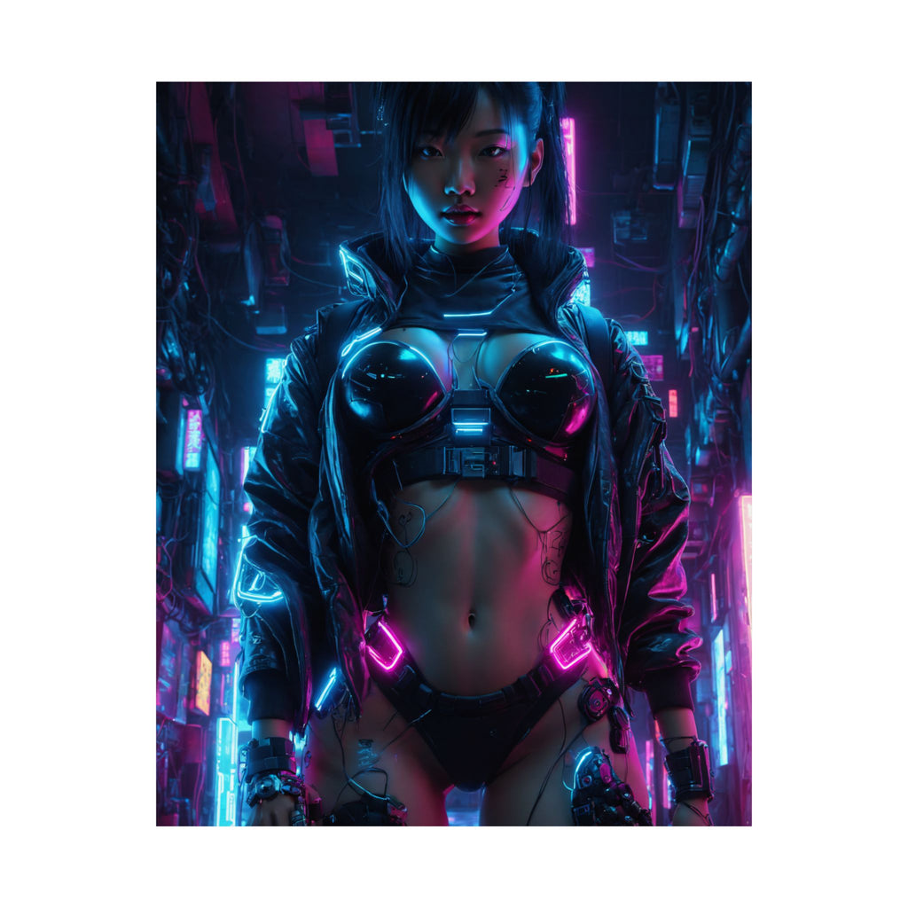 Cyberpunk Neon Female Warrior Matte Poster — Futuristic Sci‑Fi Wall Art