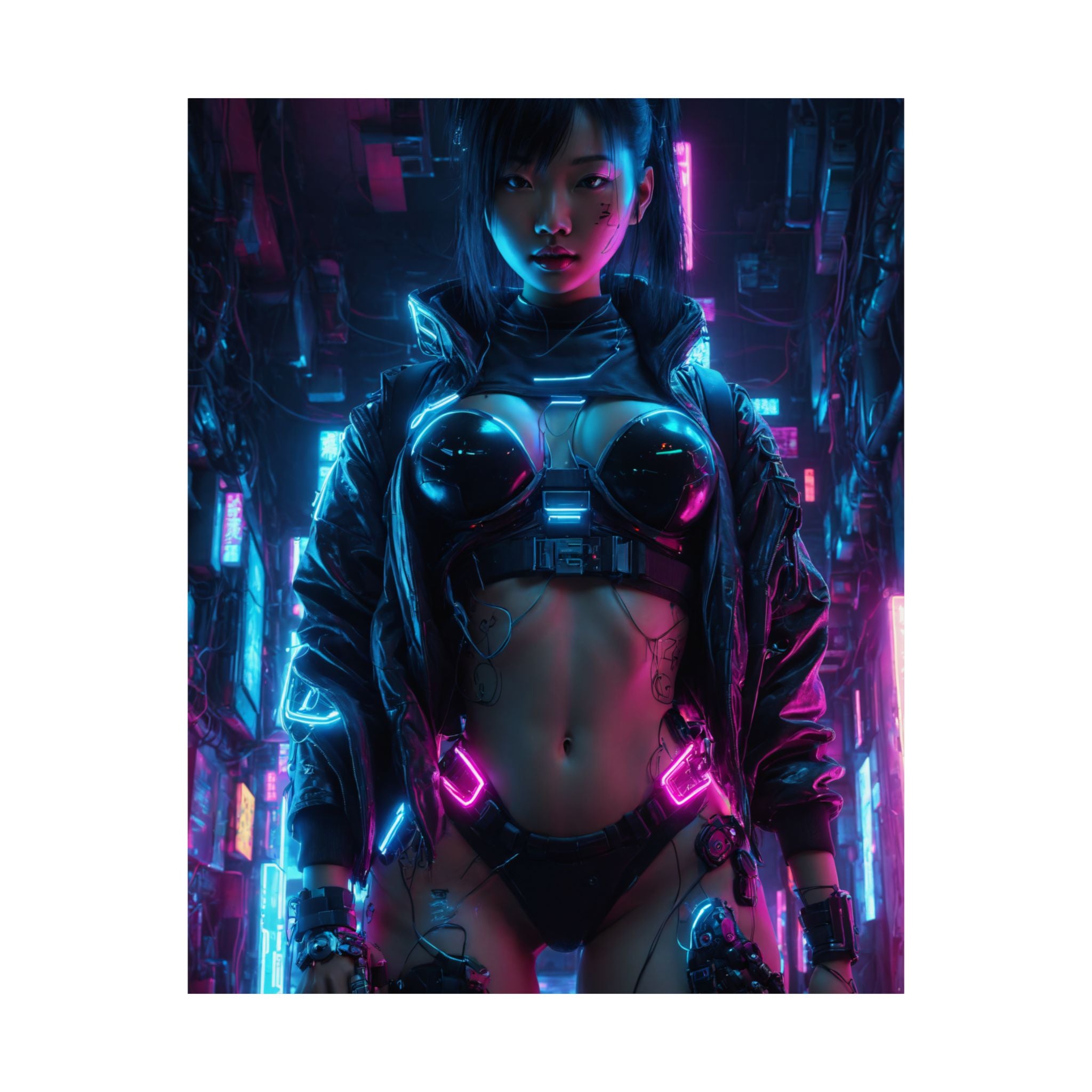 Cyberpunk Neon Female Warrior Matte Poster — Futuristic Sci‑Fi Wall Art