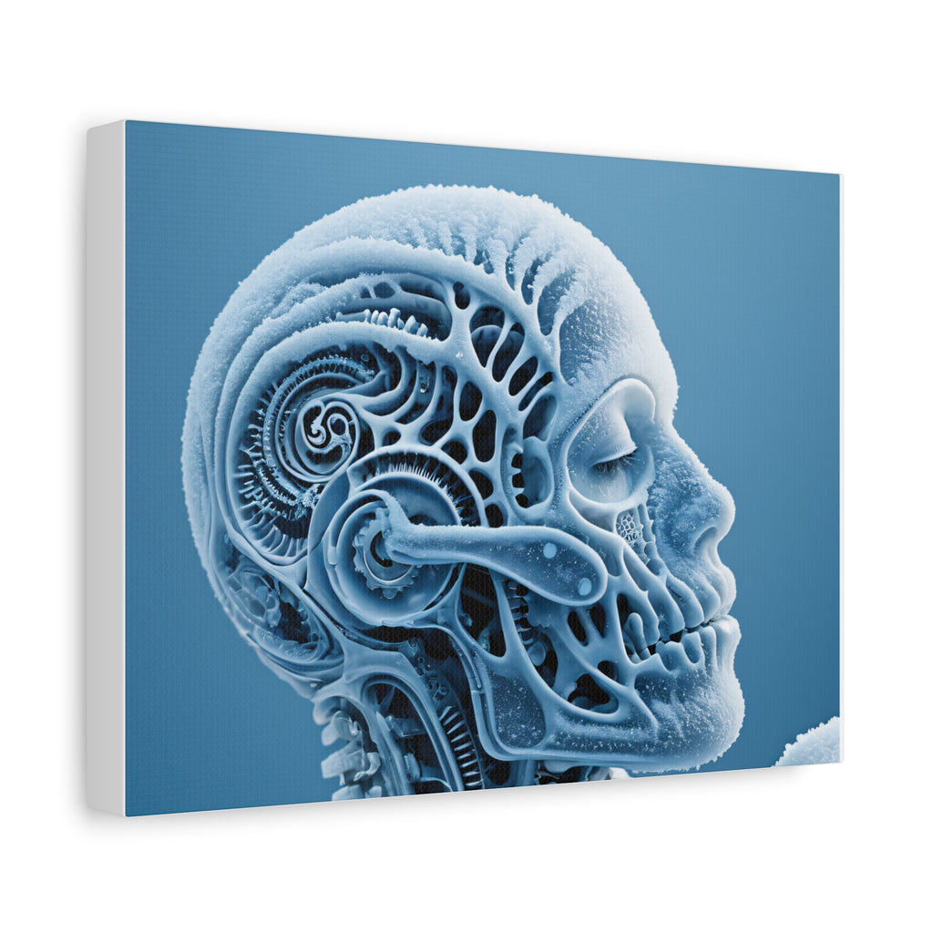Frosted Mechanical Skull Canvas Art – Blue Anatomical Surreal Print