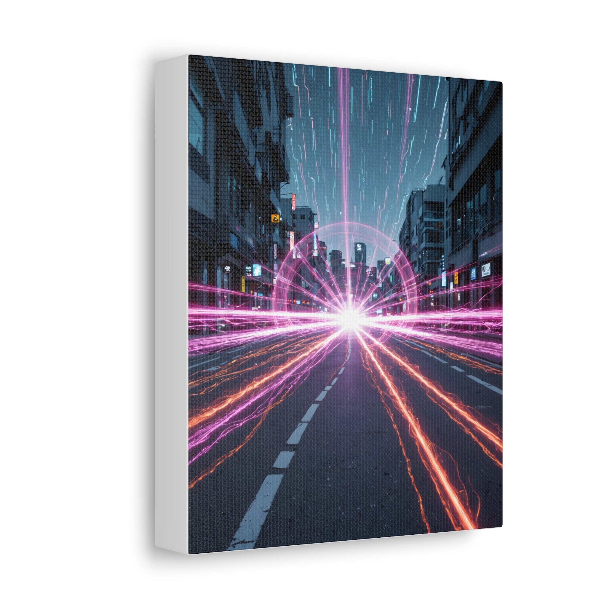 Neon Speedscape Stretched Canvas — Futuristic City Lightburst Wall Art