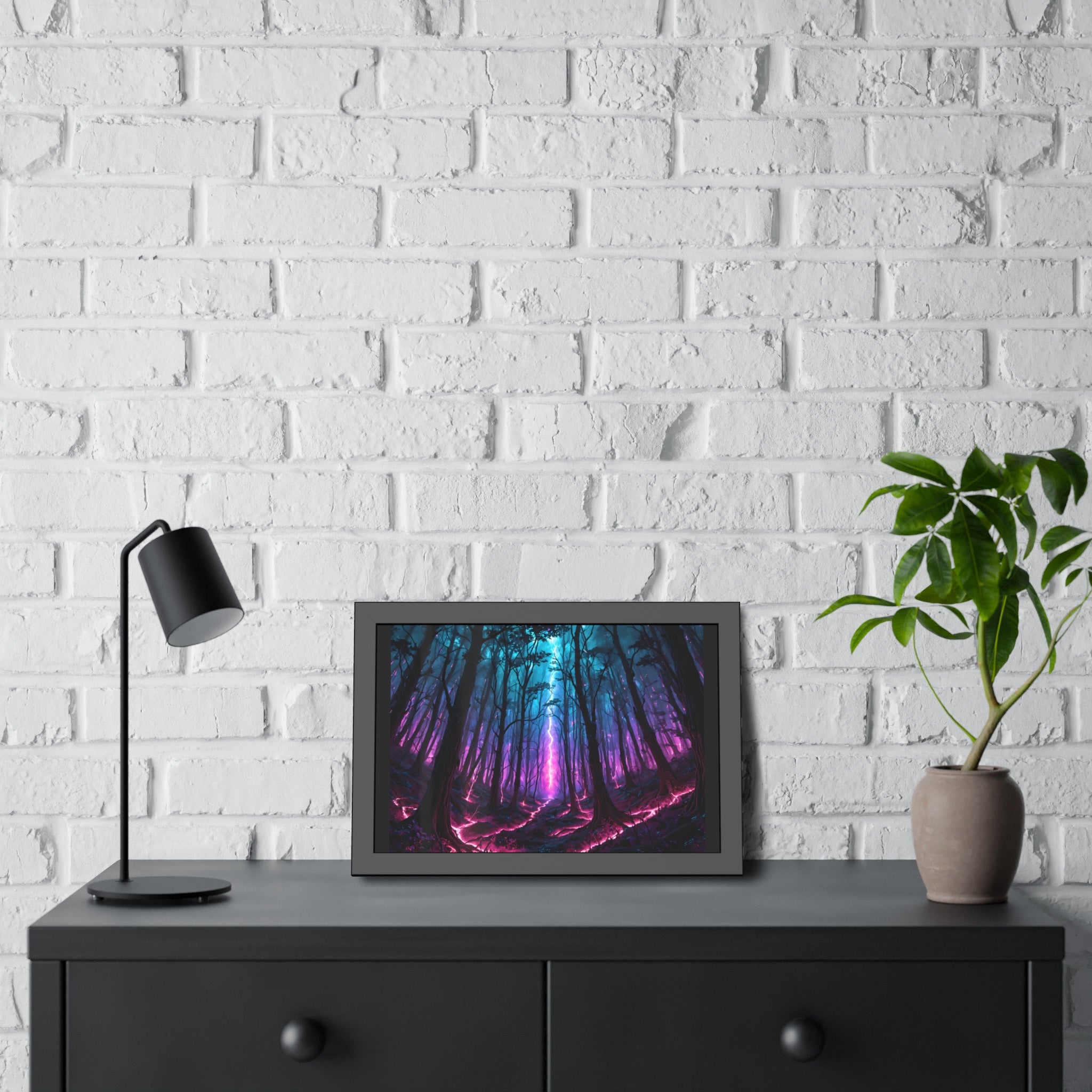 Neon Forest Framed Art Print — Mystical Purple & Teal Fantasy Poster
