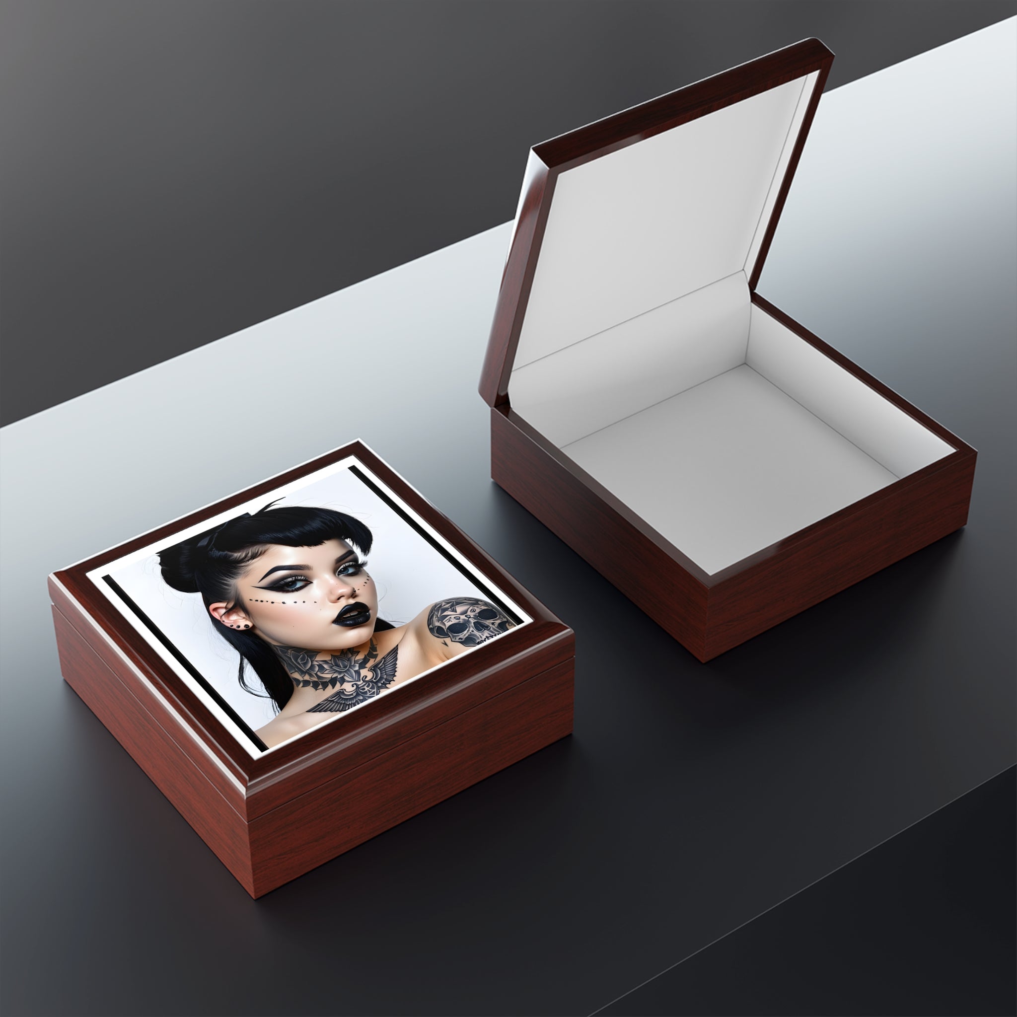 Gothic Tattoo pinup style Portrait Jewelry Box — Black Lacquer Trinket Case with Dark Glam Illustration