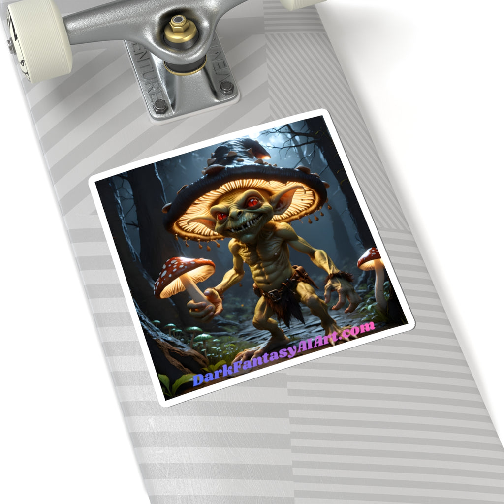 Goblin Mushroom Sticker — Dark Fantasy Kiss-Cut Decal ("DarkFantasyArt.com" Text)