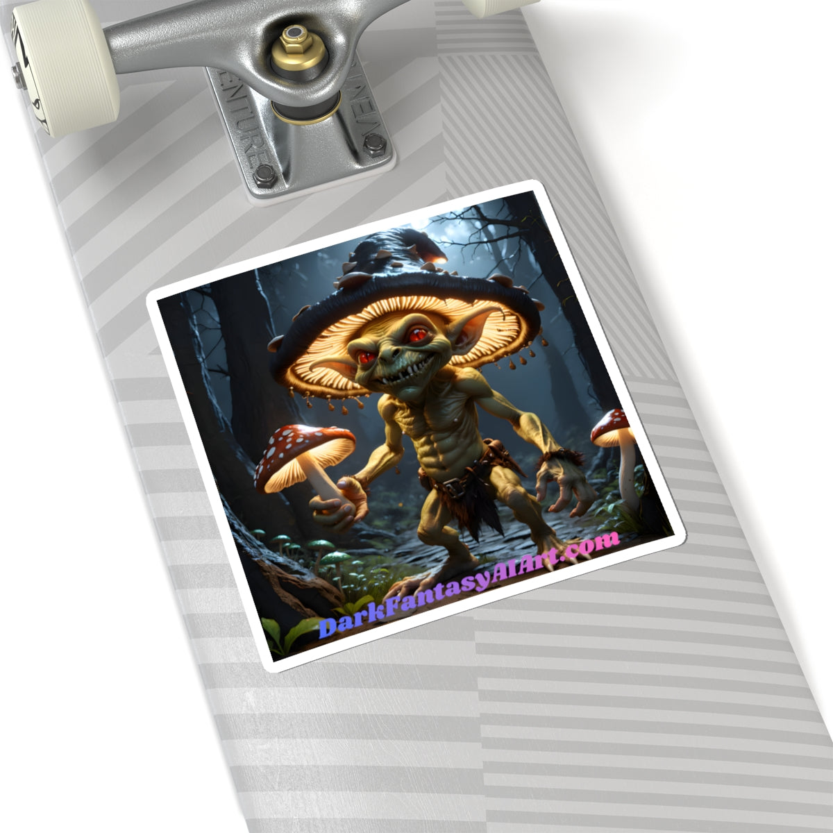 Goblin Mushroom Sticker — Dark Fantasy Kiss-Cut Decal ("DarkFantasyArt.com" Text)