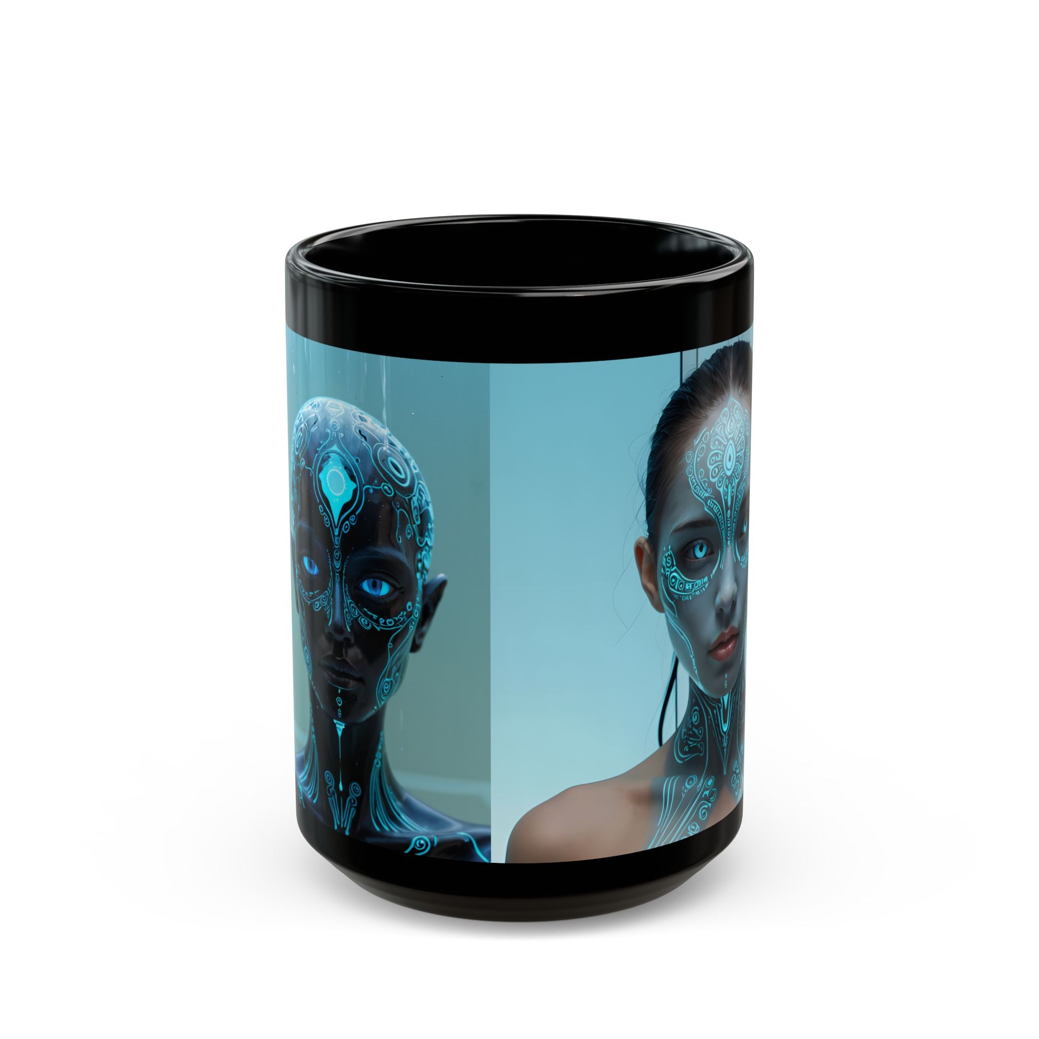 Mug noir Visage de Cyborg Mystique — Tasse à café Portrait néon futuriste (325 ml/443 ml)