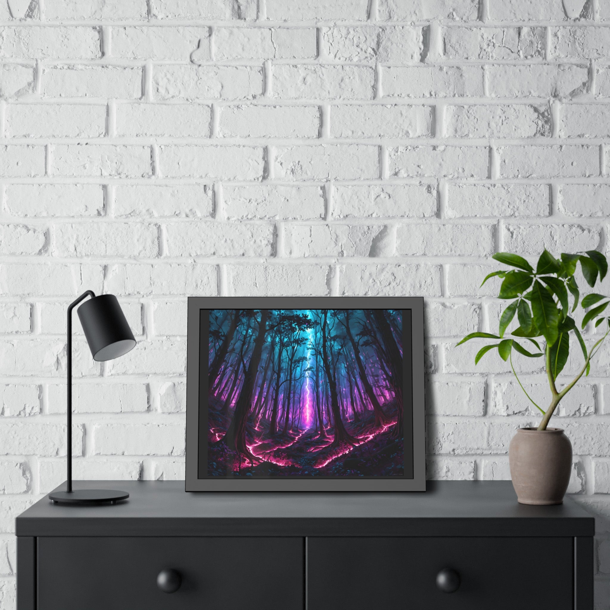 Neon Forest Framed Art Print — Mystical Purple & Teal Fantasy Poster