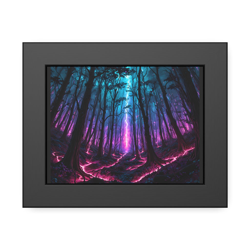 Neon Forest Framed Art Print — Mystical Purple & Teal Fantasy Poster