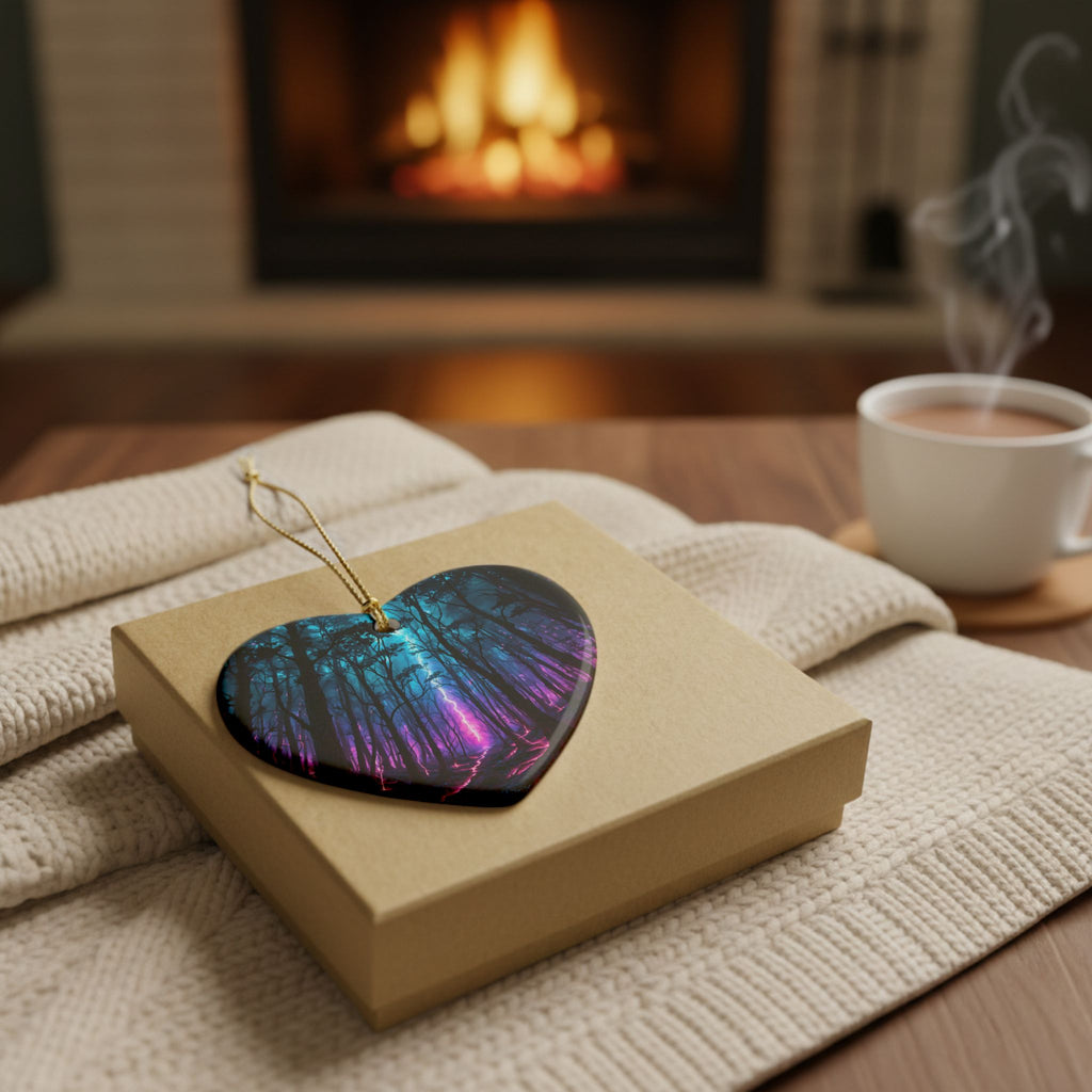 Heart Ceramic Ornament — Neon Forest Lightning Design