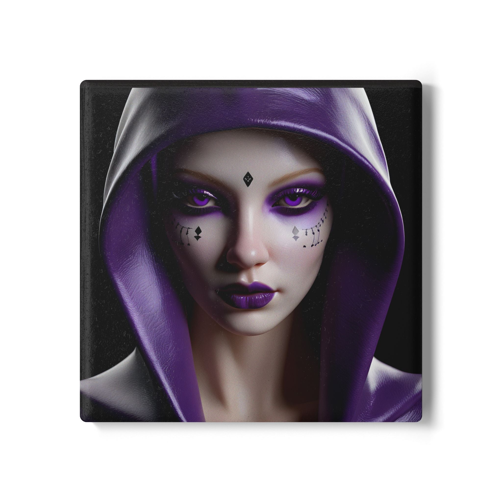 Sous-verre en céramique portrait de sorcière violette mystique – Tapis de boisson fantaisie gothique