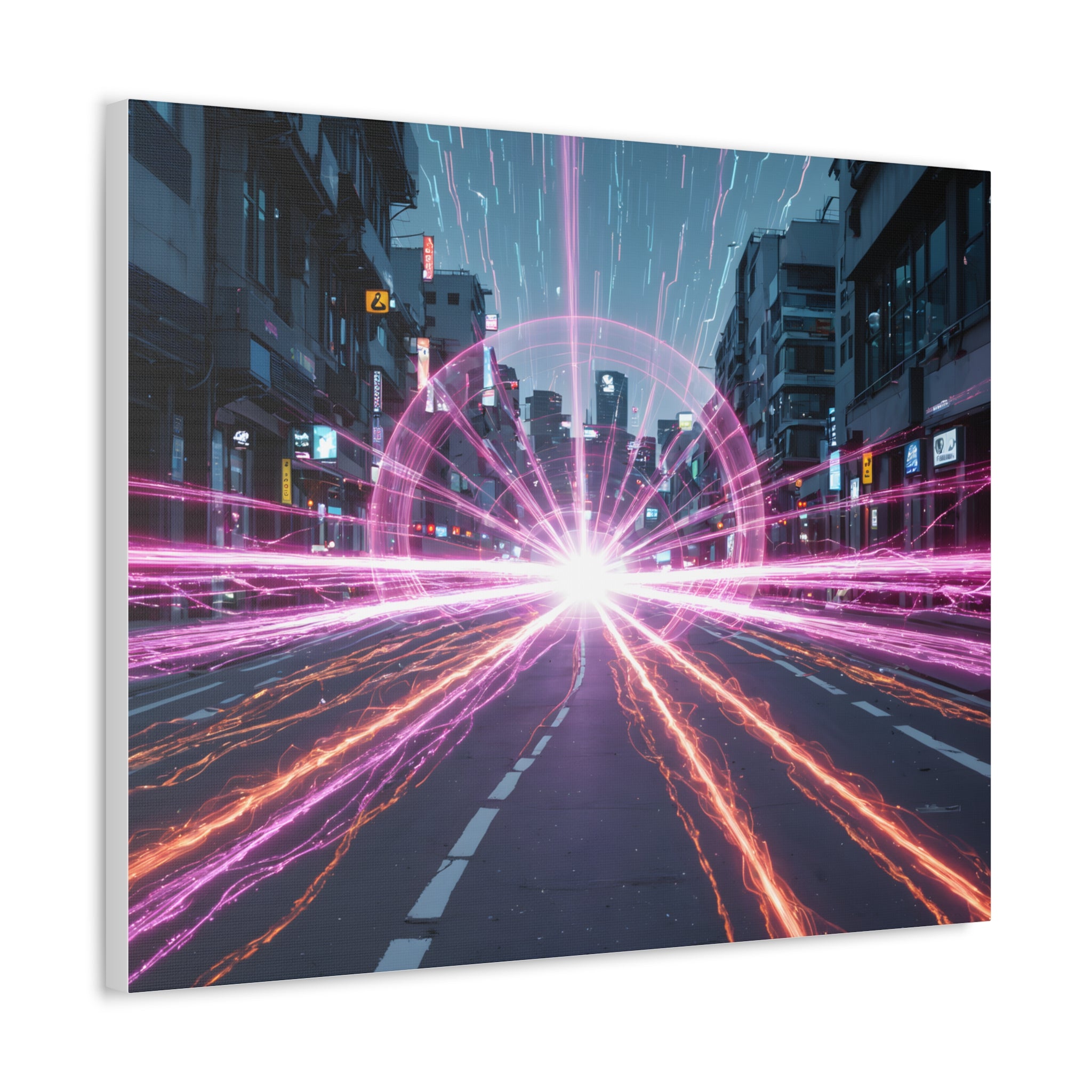 Neon Speedscape Stretched Canvas — Futuristic City Lightburst Wall Art
