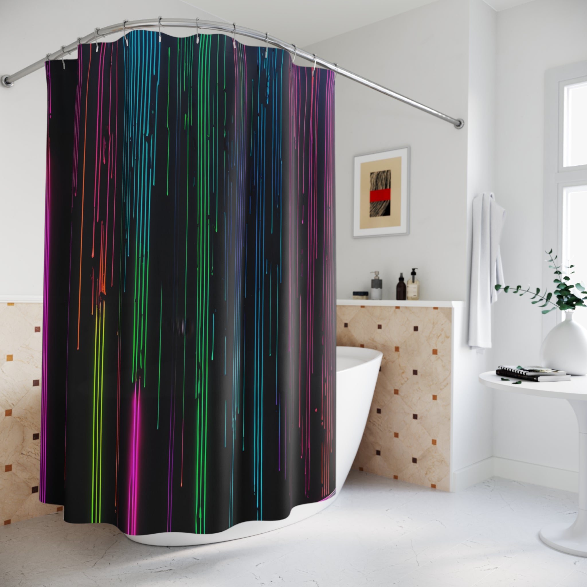 Rideau de douche pluie fluo — Décor de salle de bain moderne à rayures verticales et lumineuses