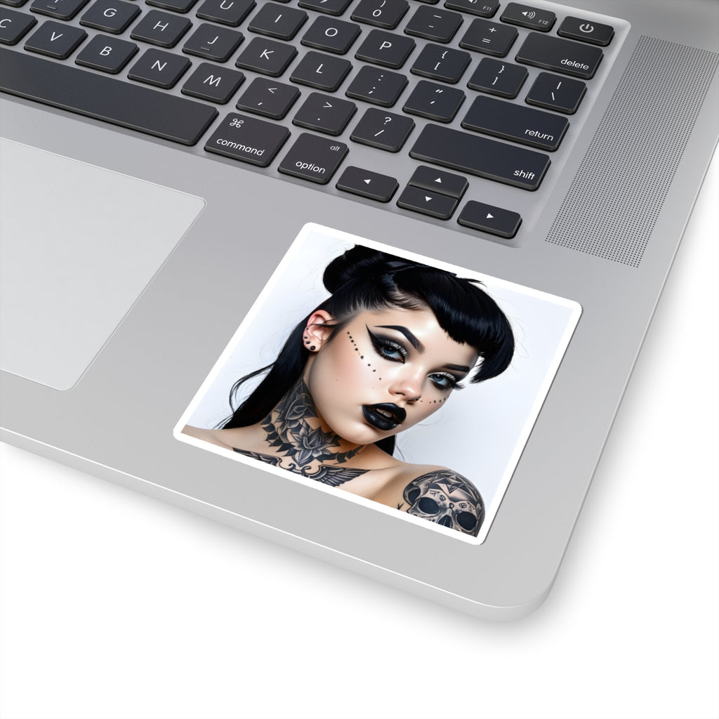 Goth Girl Portrait Kiss-Cut Sticker — Dark Makeup & Tattoo Laptop Decal