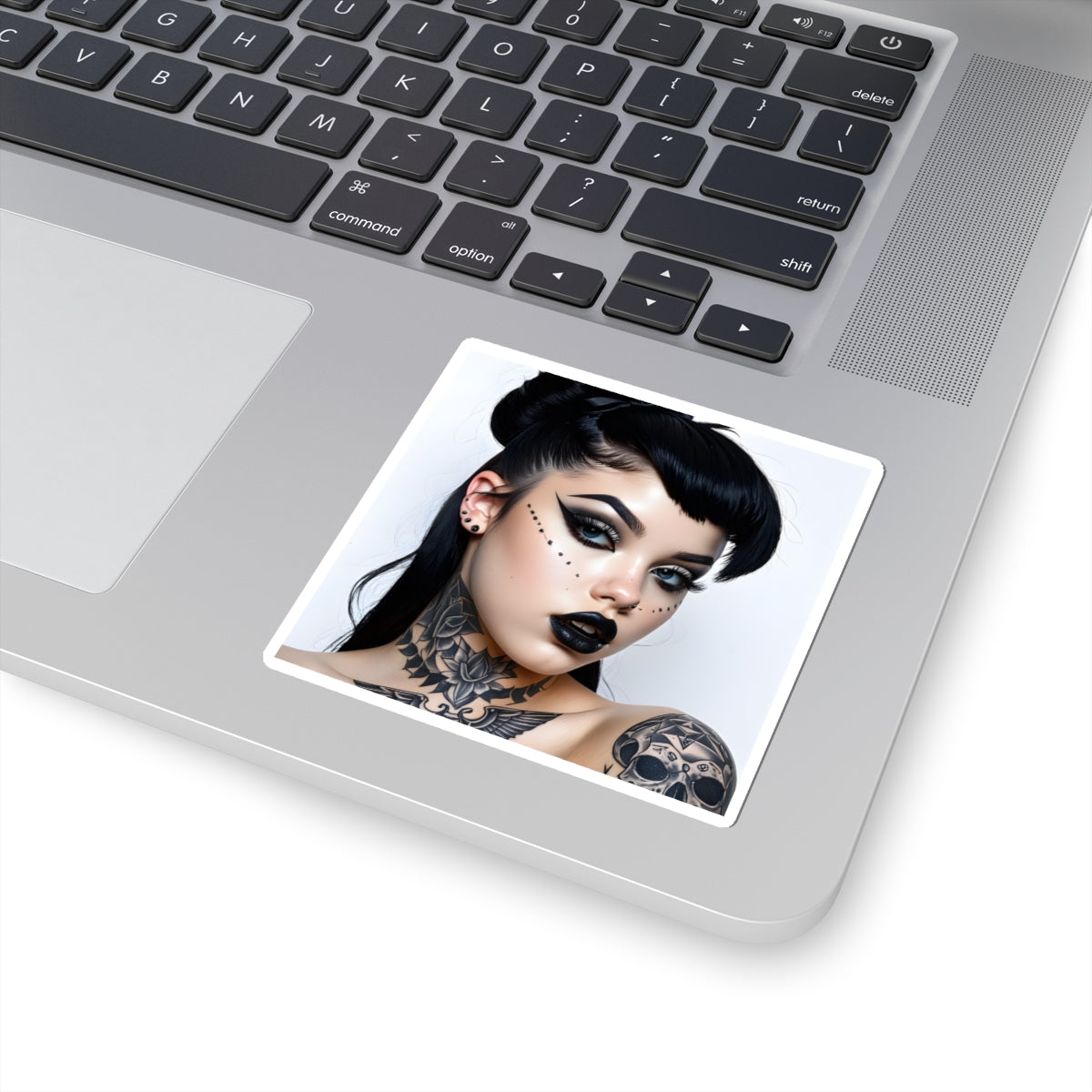 Goth Girl Portrait Kiss-Cut Sticker — Dark Makeup & Tattoo Laptop Decal