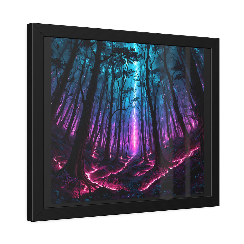 Neon Forest Framed Art Print — Mystical Purple & Teal Fantasy Poster
