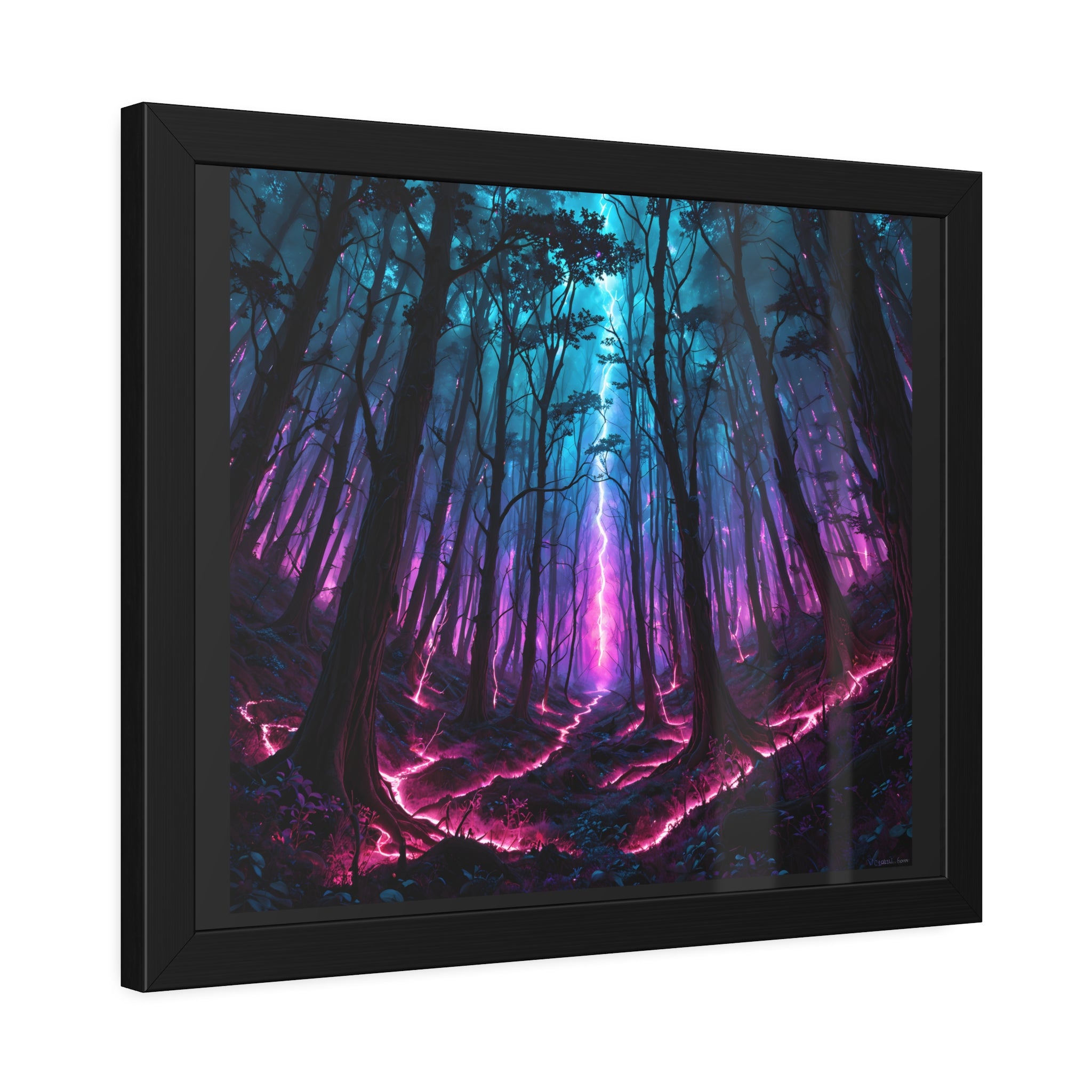 Neon Forest Framed Art Print — Mystical Purple & Teal Fantasy Poster