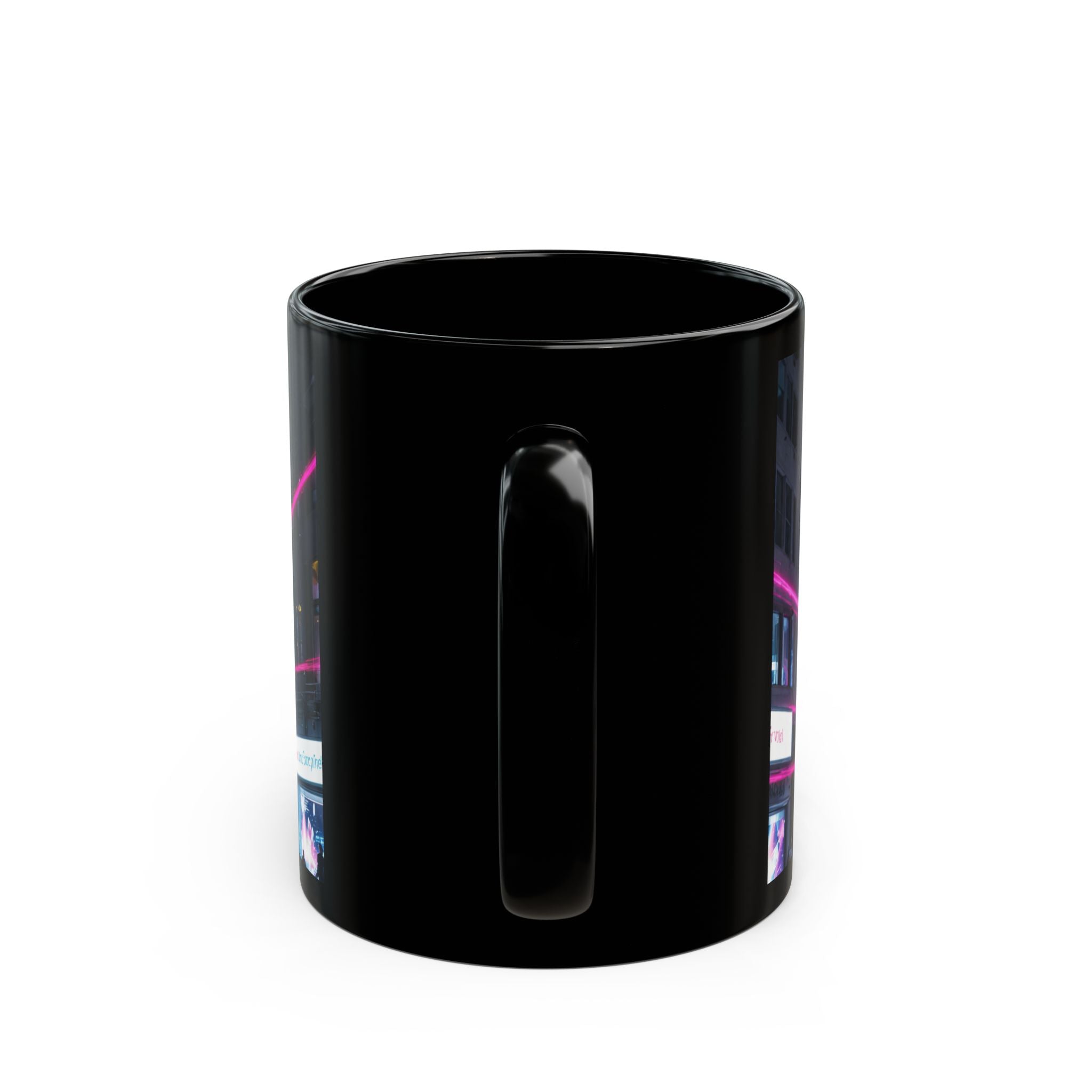 Neon City Vortex Mug — Cyberwave Black Ceramic Coffee Cup (11oz/15oz)