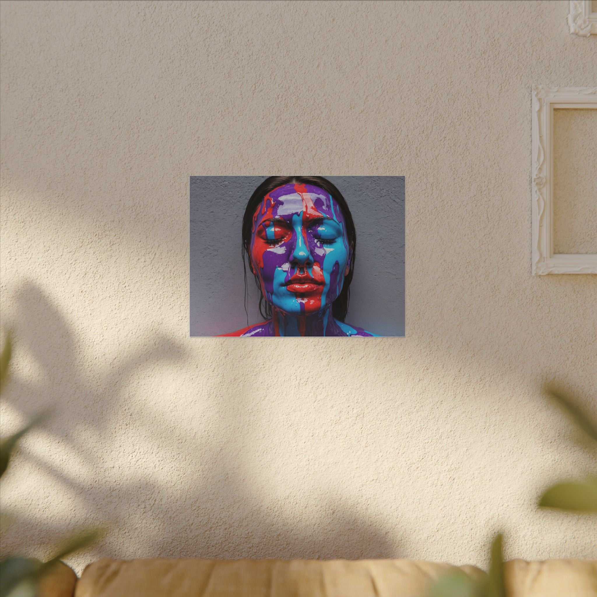 Tableau sur toile « Portrait goutte de couleur » — Art abstrait vibrant de visage sur toile tendue mate