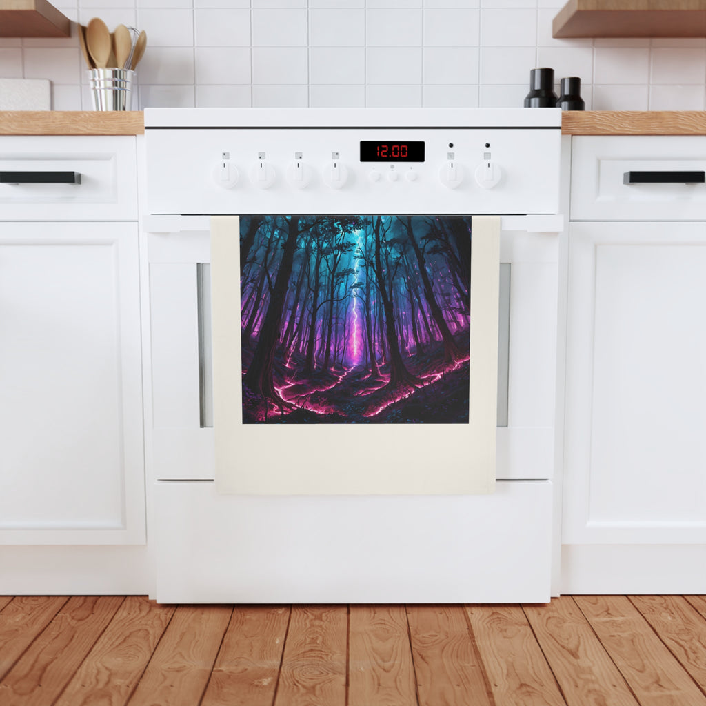 Mystic Neon Forest Cotton Tea Towel — Vibrant Blue & Purple Woodland Kitchen Decor