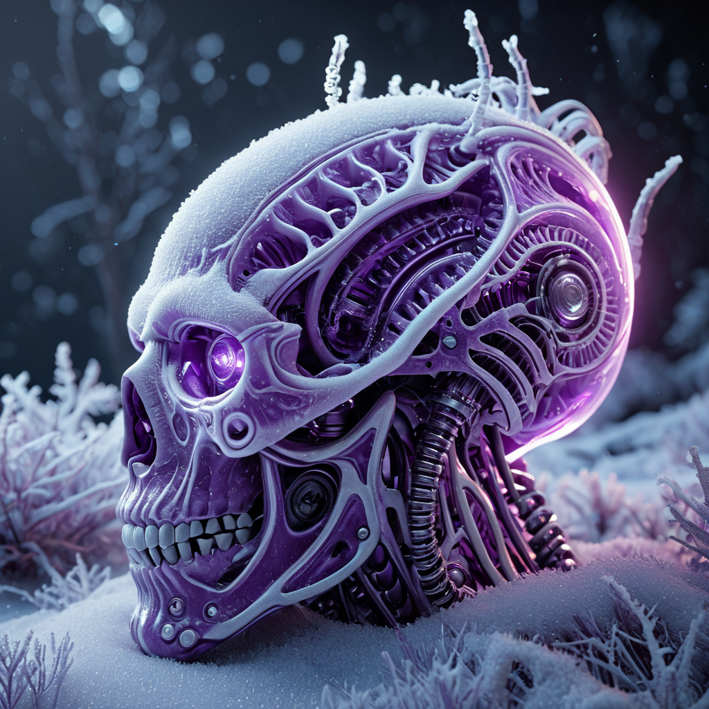 Frosted mechanical purple skull, dark fantasy hero banner